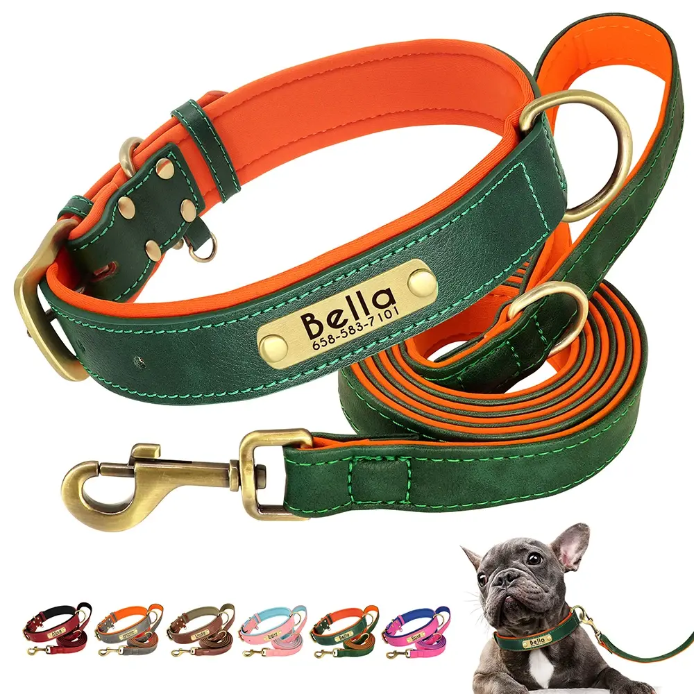 Personalized Dog Collar & Leash Set, Custom Engraved PU Leather Pet Collar, Soft Padded Durable Name Tag Necklace for Small to Large Dogs