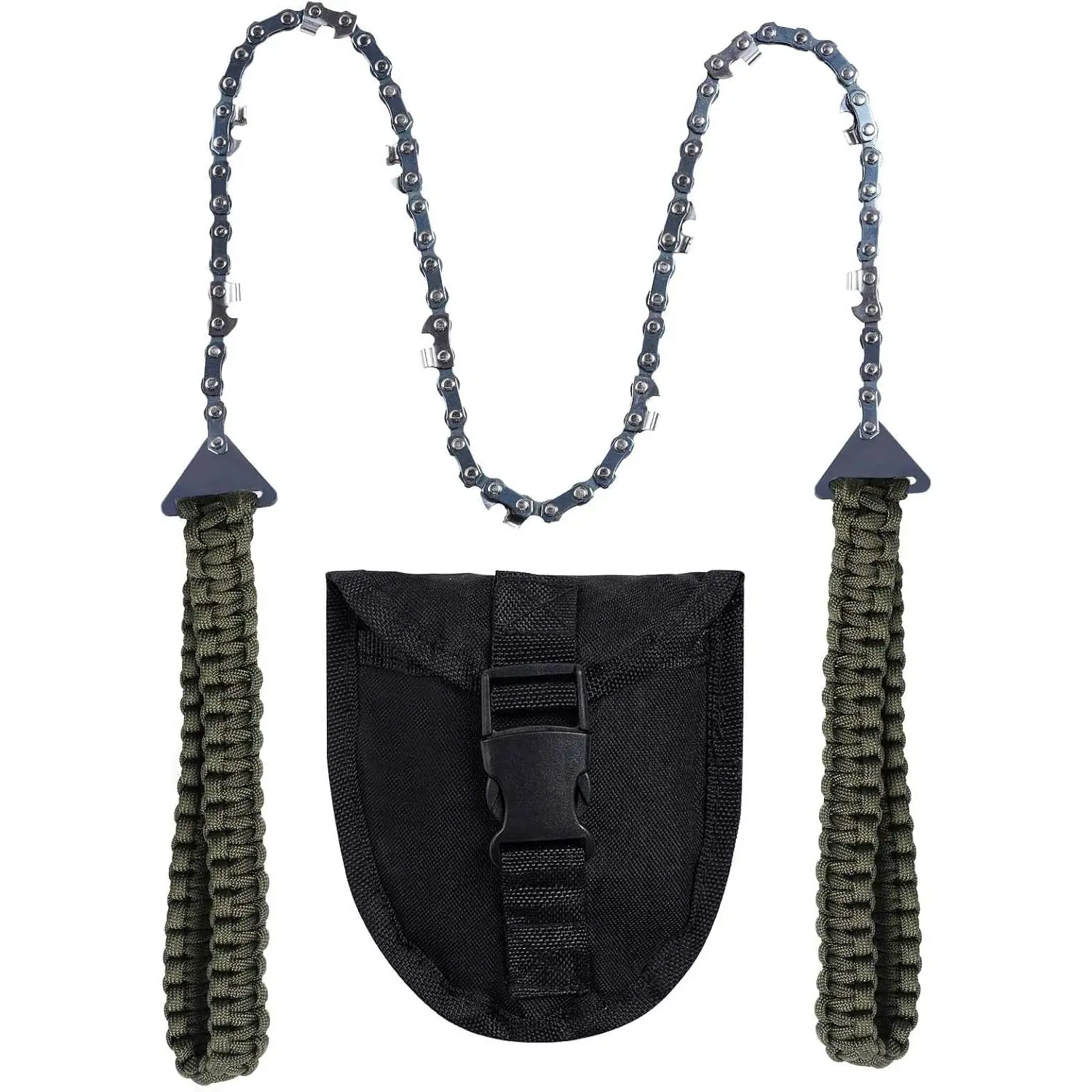Pocket Chainsaw 24 Inch, Folding Chain Hand Saw with Paracord Handle, 11-Tooth Manual Saw for Camping, Hiking, Survival, Wood & Tree Cutting, Army Green