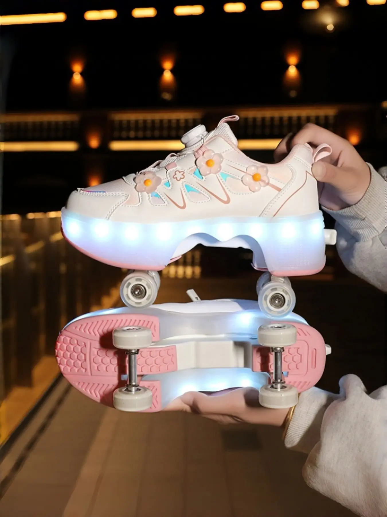 Women's Flower LED Roller Skates, Hidden Wheels, Rotating Button, 7 Colors, 11 Flash Modes, Casual All-Season Skate Shoes, Shoes With Wheels