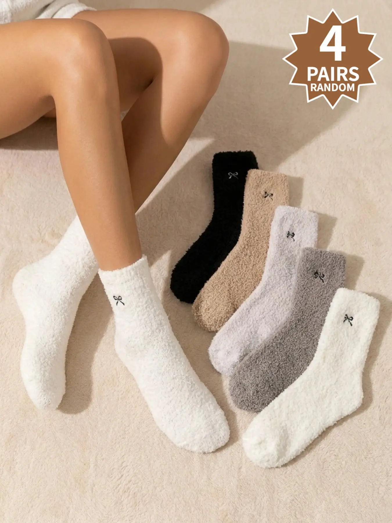 4-Pair Assorted Women's Thick Mid-Calf Socks, with Fuzzy Bow Accents, Comfortable and Breathable, Assorted Colors, Warm and Comfortable for Fall and Winter