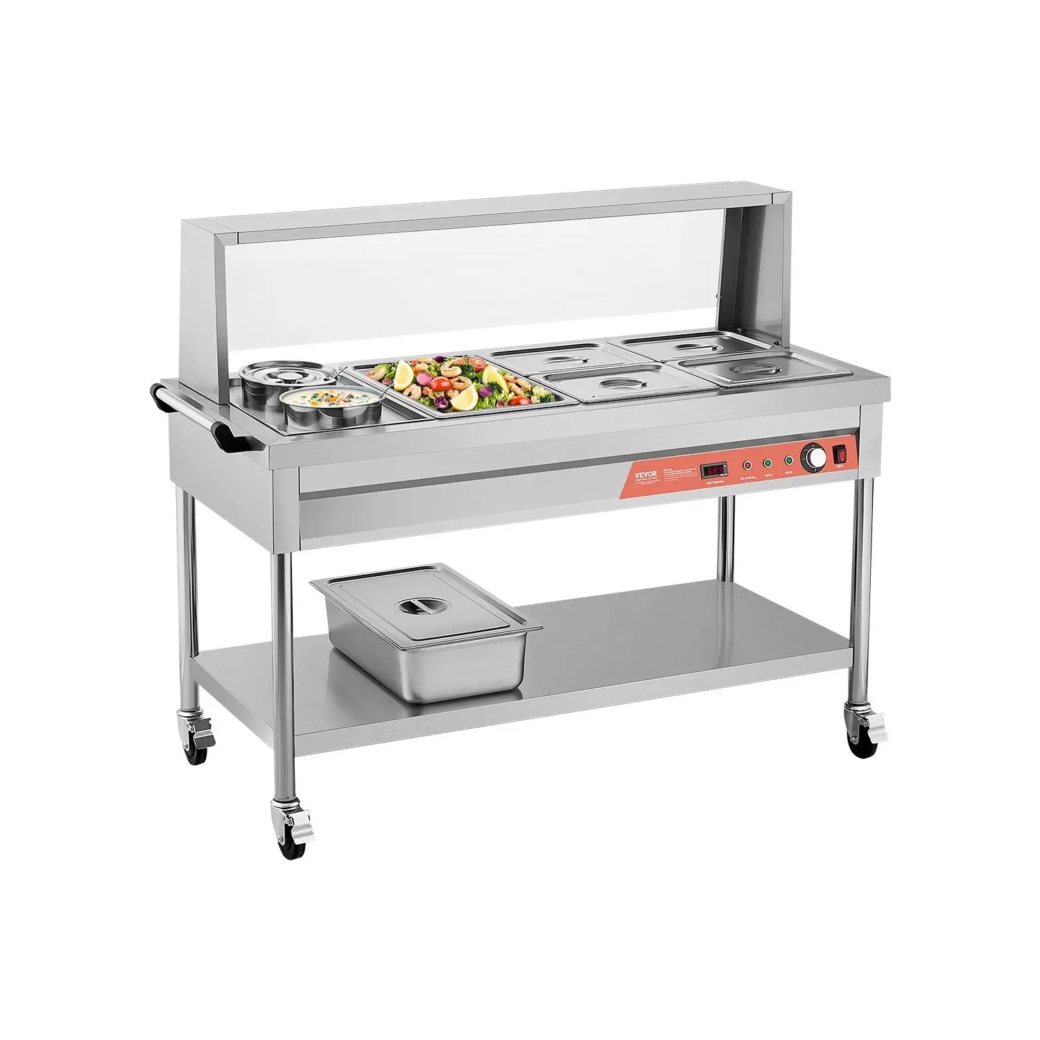 VEVOR Commercial Food Warmer, 5 Pans+ 2 Pots Electric Steam Table, 1800W Professional Buffet Catering Food Warmer with Shield Undershelf Wheels, Stainless Steel Server for Party Restaurant Hotel