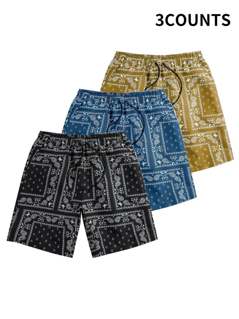 Men's Ethnic Paisley Pattern Drawstring Shorts, Stylish Paisley Print Swim Trunks, Back To School Summer Beach Shorts for Casual Vacation Holiday, Menswear Clothing, Graphic Shorts