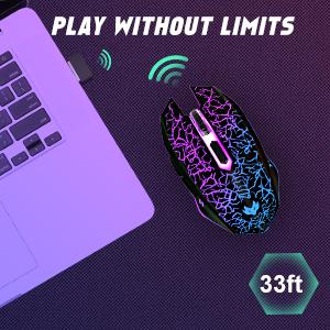 Wireless Gaming Mouse, Rechargeable Wireless Computer Mouse, 7-Color LED Light, Ergonomic Mouse with 6 Silent Click Buttons, 3 Adjustable 2400 DPI Wireless Mouse for Laptop,PC,Mac, Black