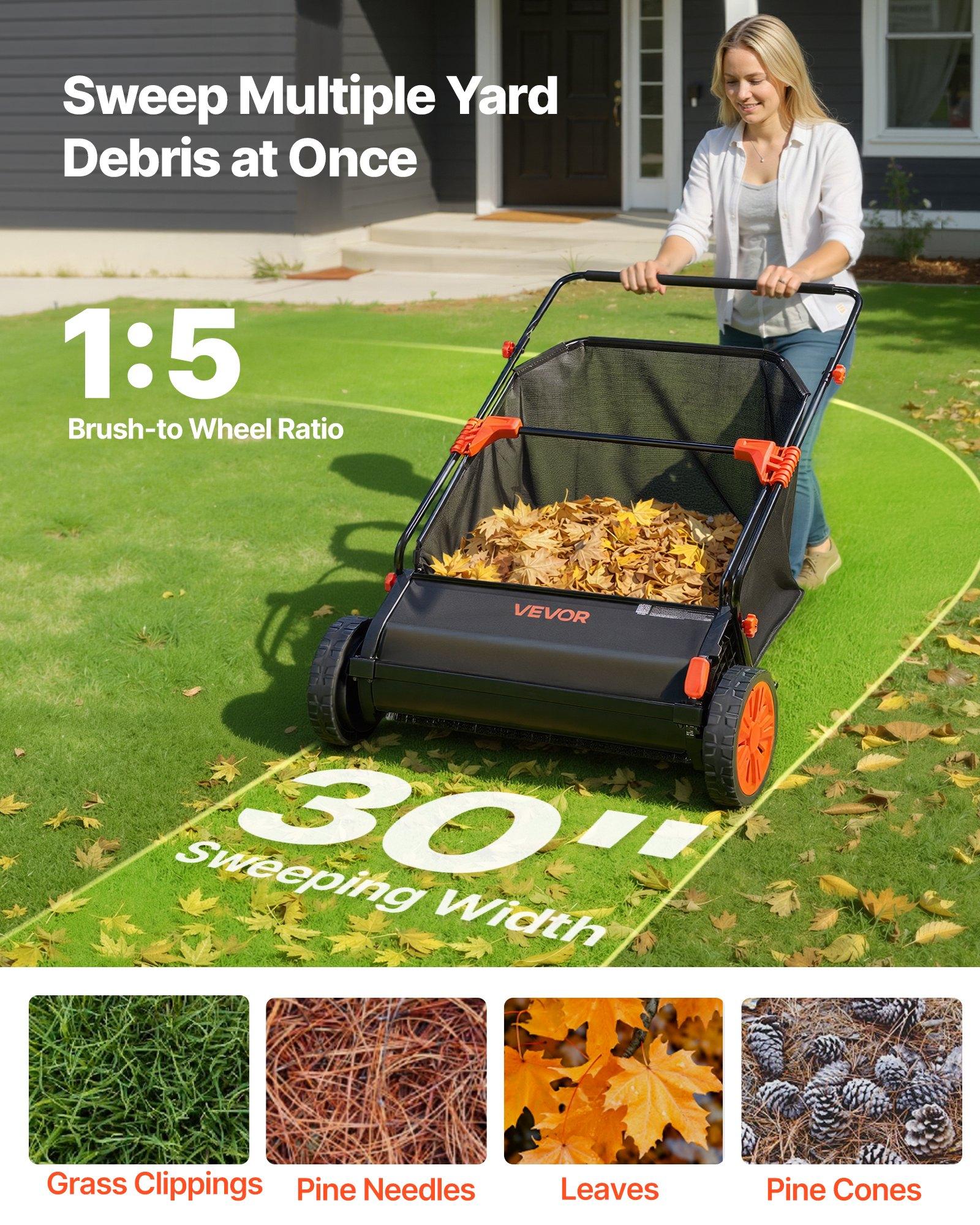 VEVOR Push Lawn Sweeper, 30 in Leaf & Grass Collector with 12 cu. ft. Hopper Bag, Adjustable Brush Height & Spinning Brushes, Heavy Duty Yard Sweeper with Rubber Wheels for Leaves Grass Cleanup