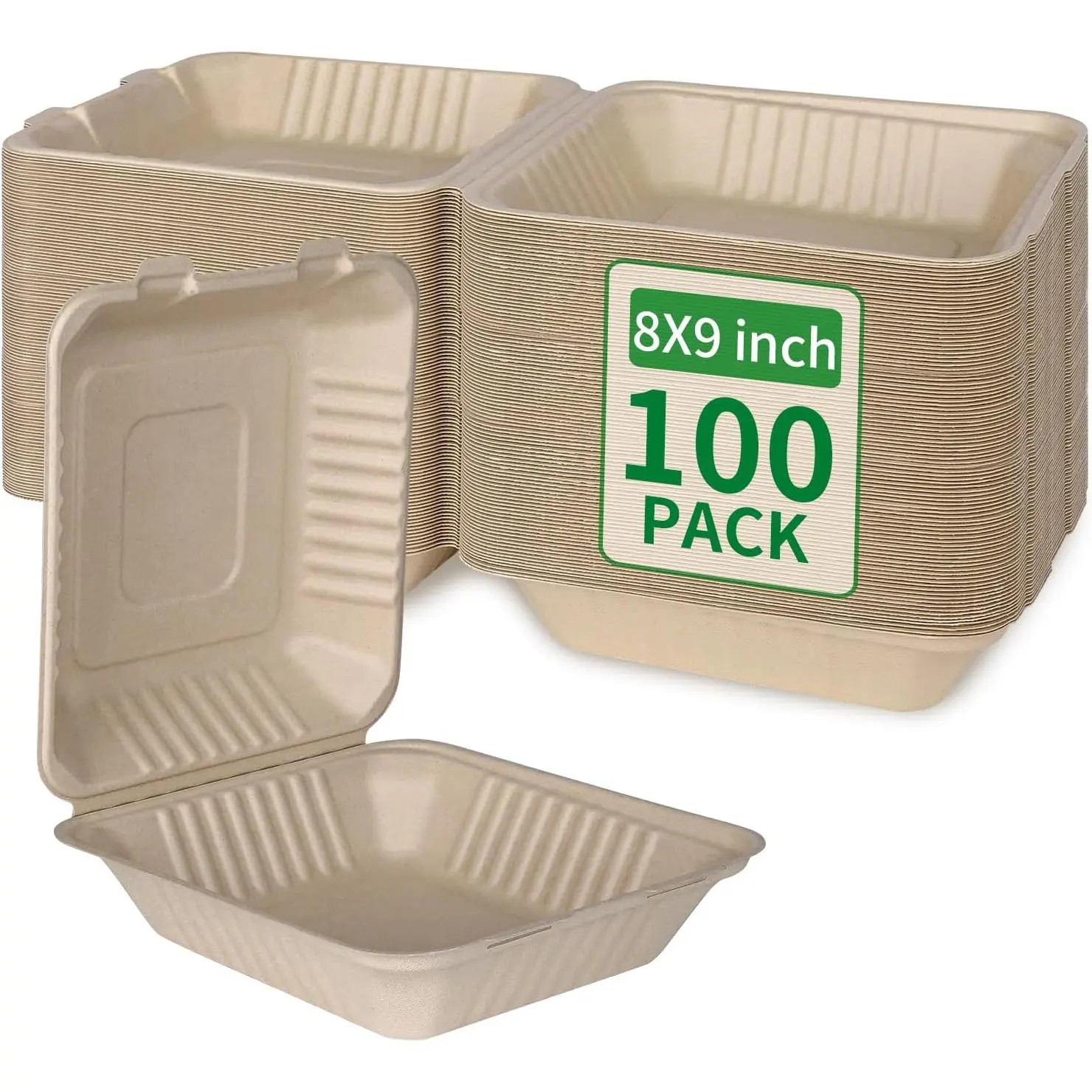 Disposable 100 Pack 8*9 Inch Takeout Lunch Box Containers with Lids| Compostable and Eco-Friendly Biodegradable Bagasse To Go Containers, PFAS-Free, Ideal for Meal Prep, Food, Party, Picnic