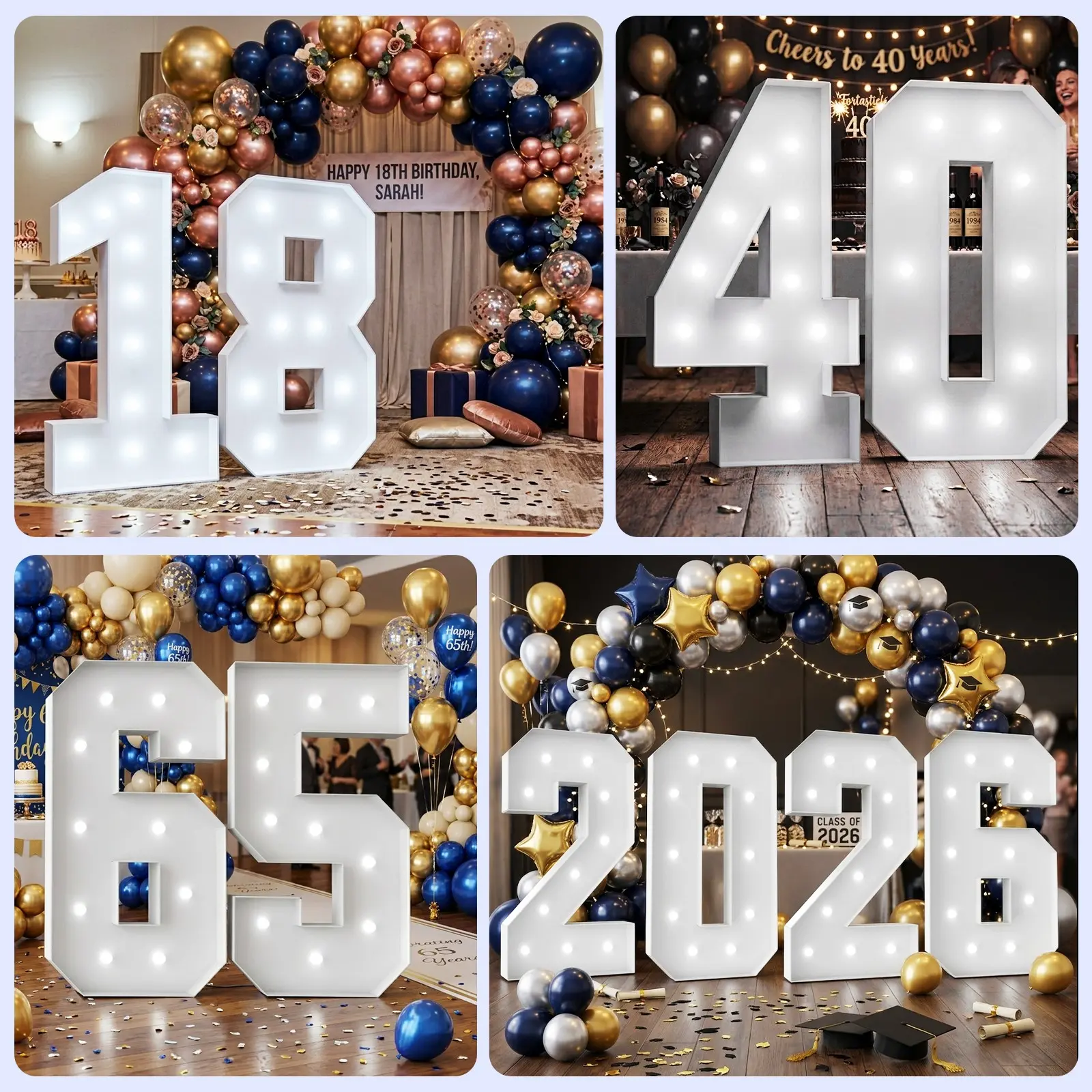 4FT Marquee Light Up Numbers 0-9, Large Marquee Light Up Numbers Pre-cut Foam Board Set Can Be Used for Birthdays, Weddings, Baby Anniversaries 2026 Graduation Party Decorations White Light, Party Lighting Decoration