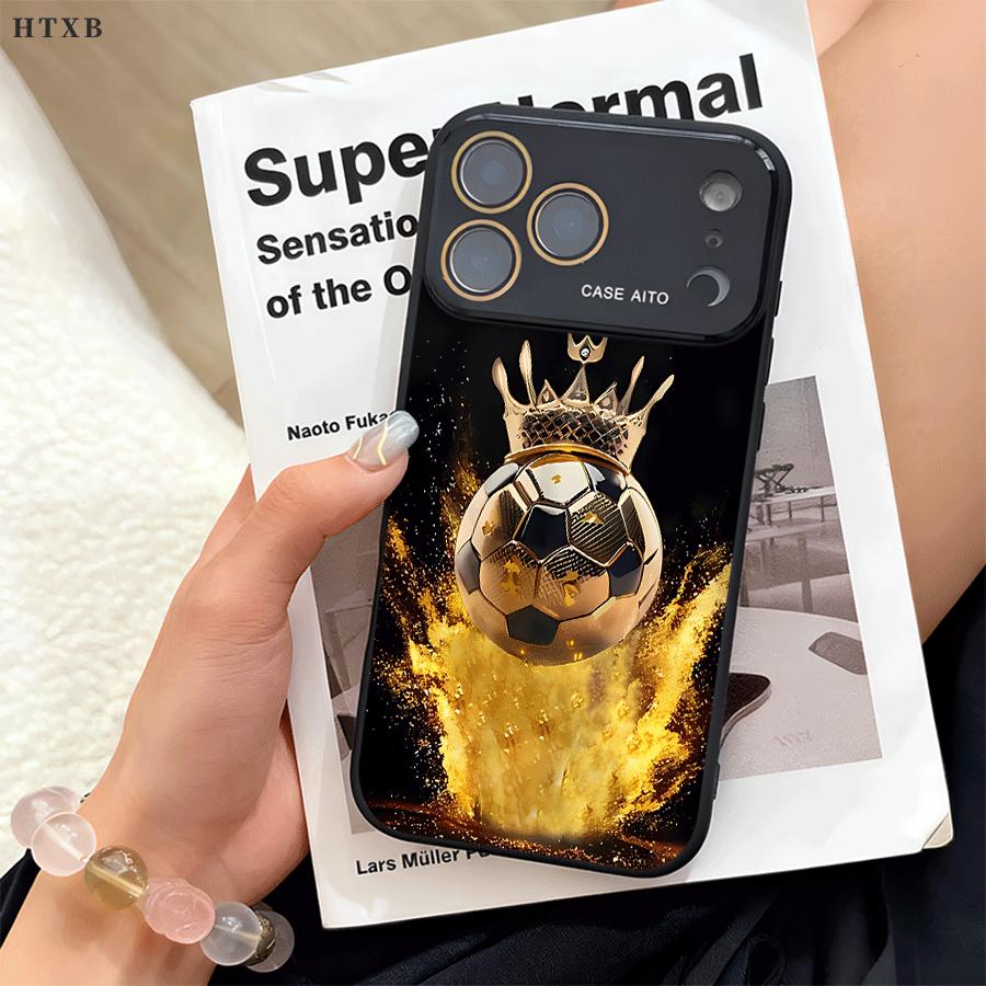 Golden Football Crown Phone Case for iPhone 17 Pro Max 17Air 17 16E 16 15 14 13 12, Ultra Skin-Friendly TPU, All-Inclusive Glass Lens Protection, Aesthetic Soccer Fans Gift, Trendy Dopamine Ins Style Cover, Shockproof Slim Case, Lens Window Design