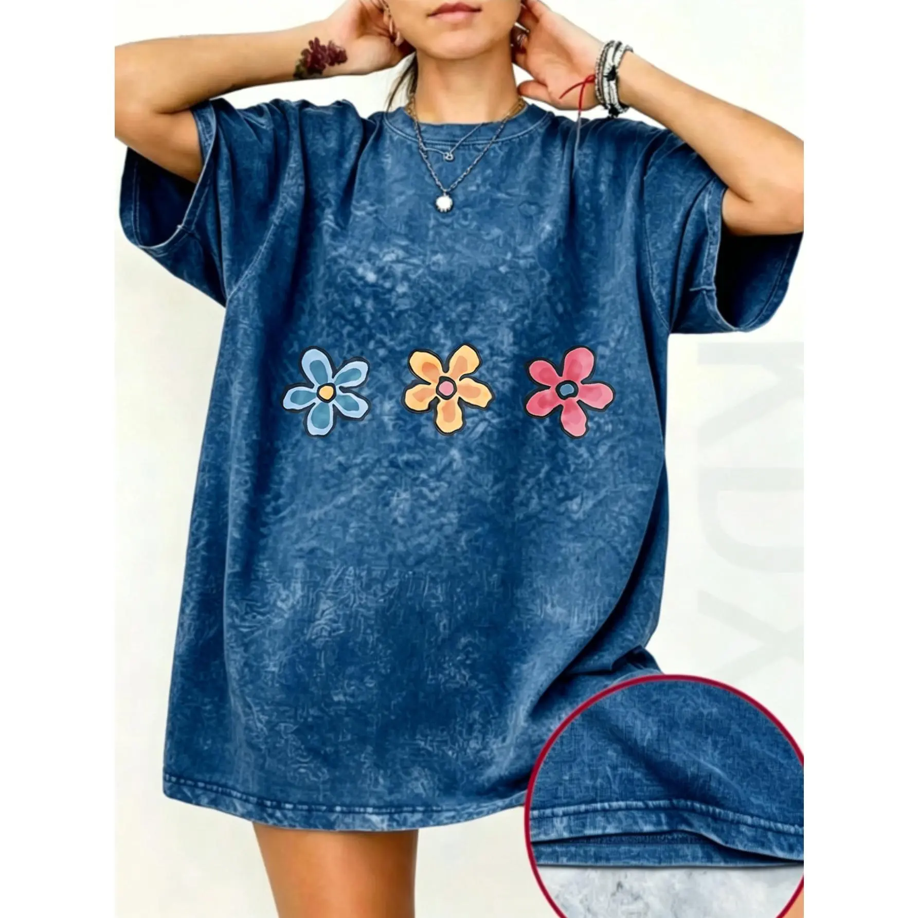 Plus Size Women's Round Neck Pullover Top - Oversized Loose Fit, Vintage Washed, Cute Flower Print, Comfortable American Streetwear, Summer Daily Casual New Arrival