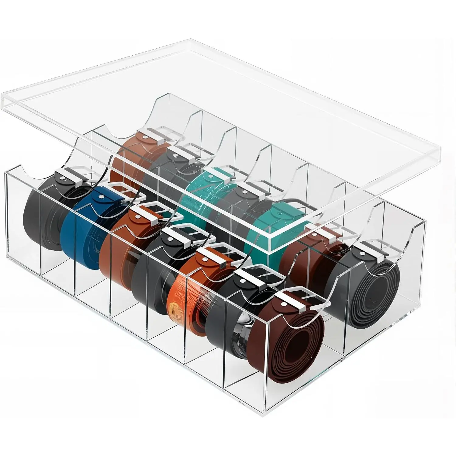Large  Belt Organizer with Dust Lid, Clear Belt Storage for Closet and Drawer, 14 Compartments Belt Box Holder for Singers, Men, Women ( Rows,14 Compartments)
