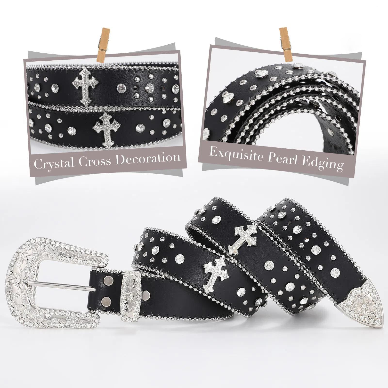 XZQTIVE Rhinestone Belt for Women & Men - A Fusion of Fashion & Western Charm, Cowgirl Cowboy Bling Style, Cross-Design Leather Belt with Diamond Studs, Perfect for Jeans & Dresses SpringStatements