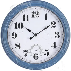 Outdoor Clock Waterproof 14 Inch Outdoor Clocks with Thermometer Combo Wall Clock Battery Operated Non-Ticking Blue Clocks for Patio Pool