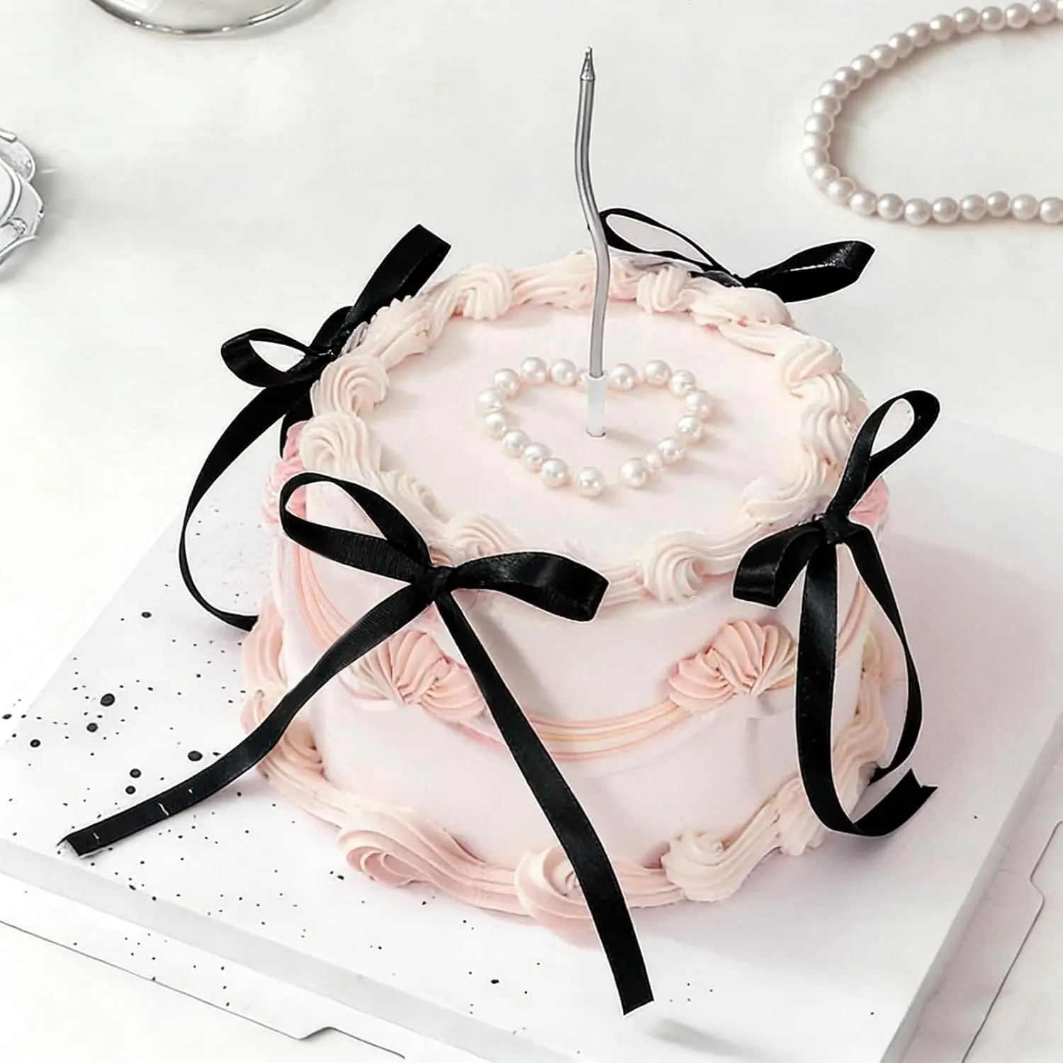 6 Inch Fake Cake with Black Bows Round Artificial Cake Coquette Dessert Decor for Birthday Wedding Party Display Photo Props Supplies
