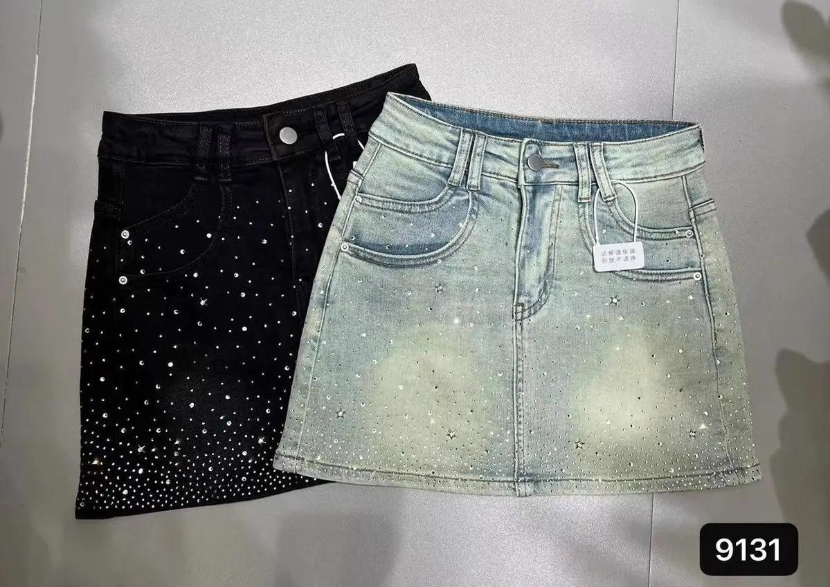Rhinestone Denim Skirt for Women 2025 Summer New Retro Slimming a-Line Sheath Denim Skirt Womenswear Bottom Fit Bodysuit Vintage Adjustable