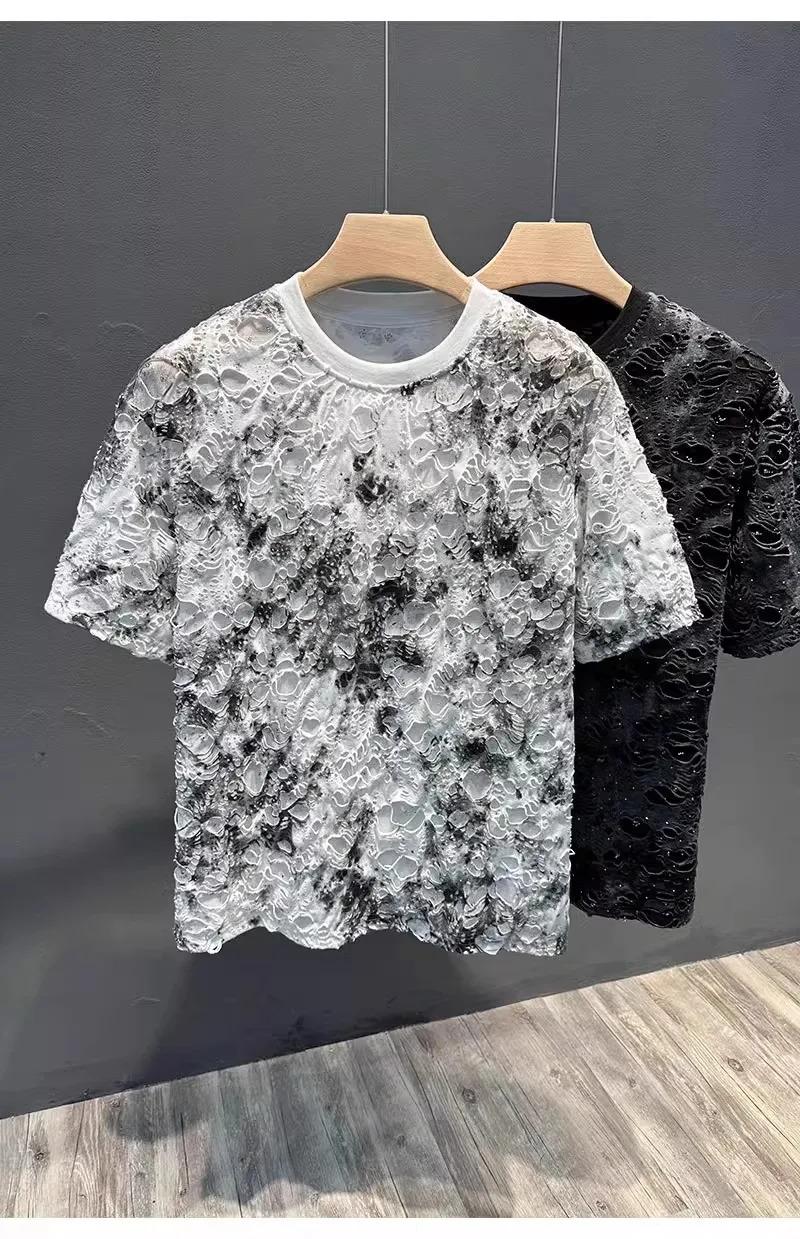 Summer 2026 Trendy Brand Men's T-shirt Loose Casual All-Match Tie-Dye Hole Design round Neck Short Sleeve Breathable