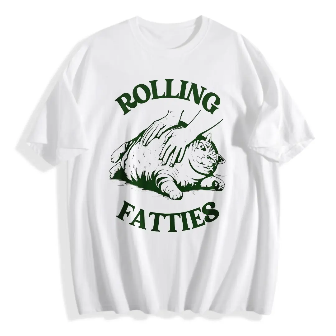 Menswear Short-Sleeve Round Neck Ribbed Breathable 100% Cotton Unisex Oversized T-Shirt - Casual Funny Rolling Fatties Cat Graphic, Summer Streetwear Gift For Cat Lovers (S-5XL), Shortsleeve, Soft