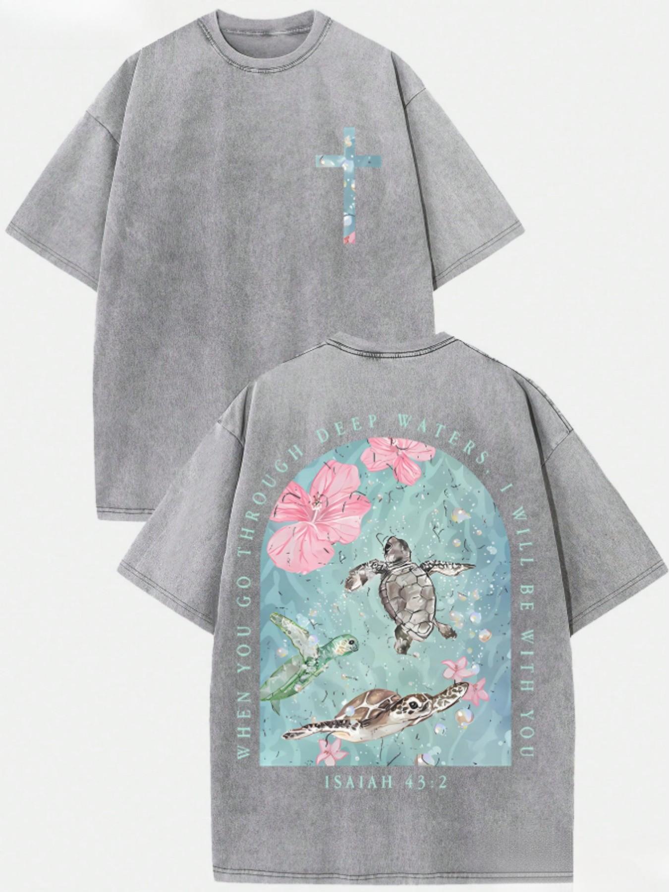 Men's Vintage Washed Pure Cotton T-Shirt - Oversized Streetwear Tee with Sea Turtle & Text Print ("I Will Be with You"), Loose Fit Casual Shirt, Machine Washable Soft Daily Wear