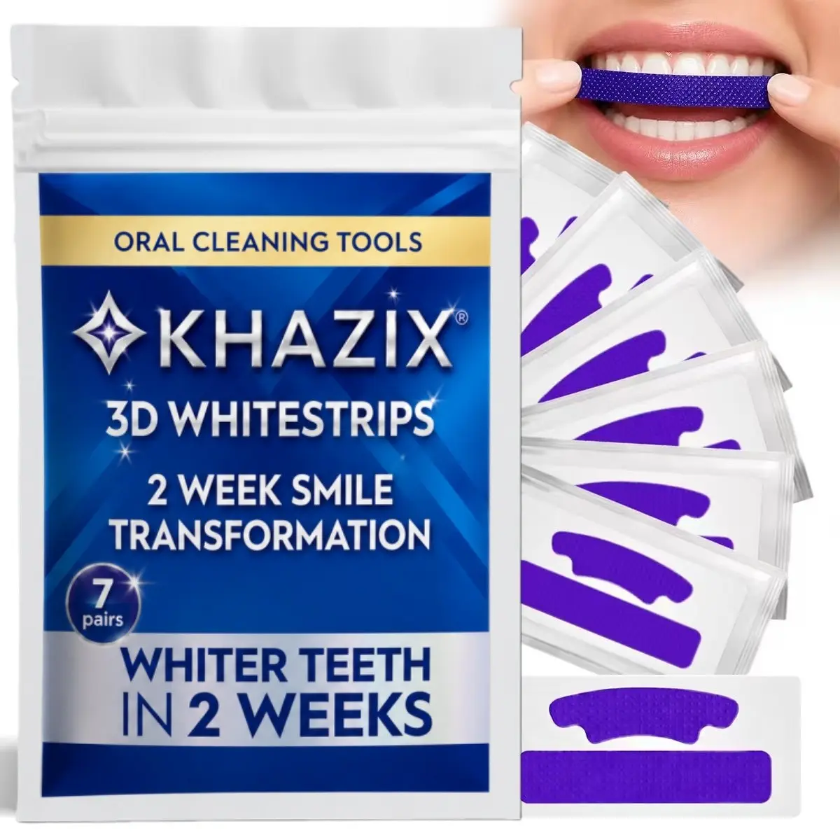 Khazix Teeth Whitening Strips 7 Pairs, Easy to Use Smile Care Strips, Comfortable Fit Oral Care Strips, At-Home Daily Use for Brighter Smiles
