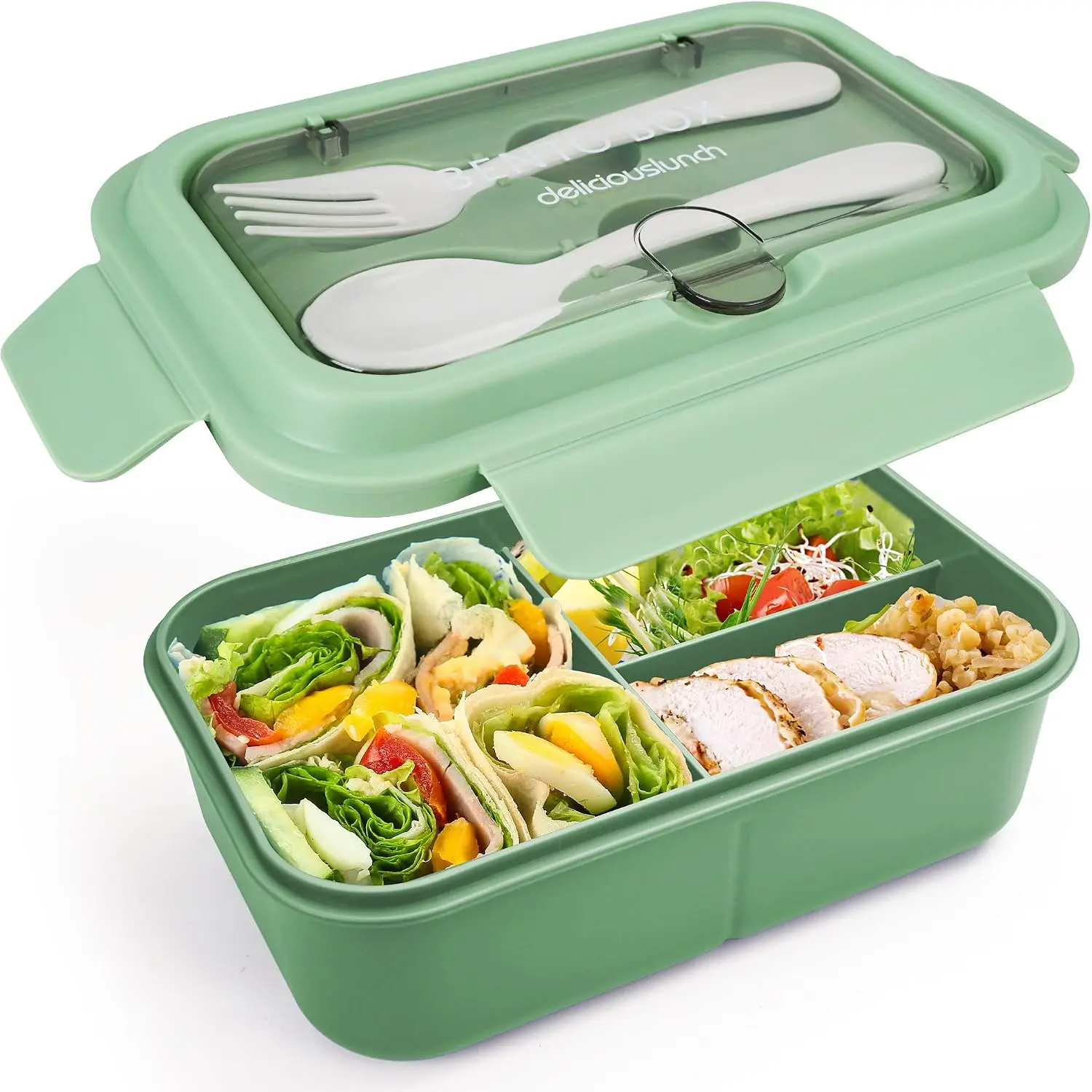 40 Oz/5 Cup Bento Box for , Men and Women, Lunch Box with 3 Compartments, Utensil, Microwave & Dishwasher Safe (Green)