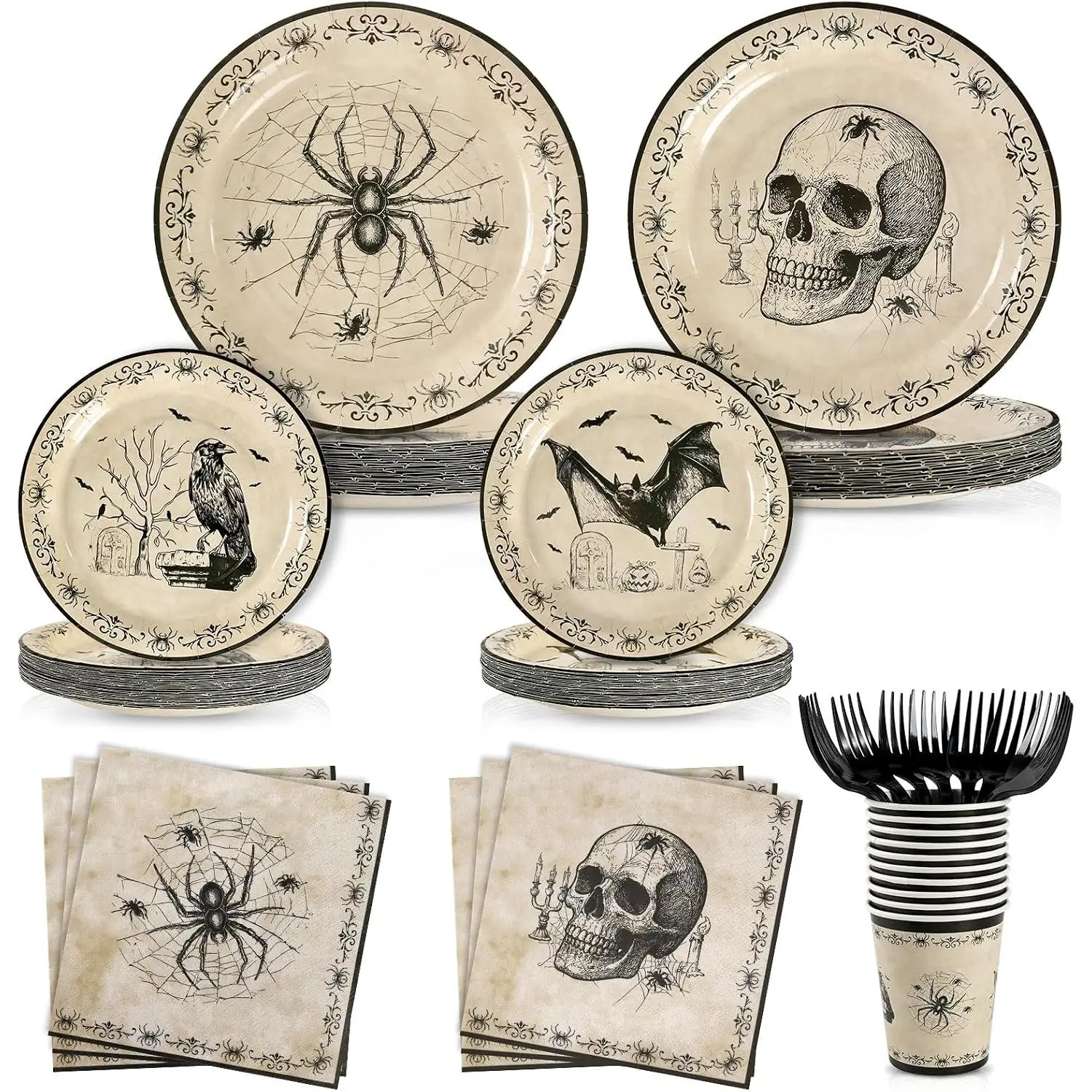 Halloween Plates and Napkins Set, Vintage Gothic Party Tableware, Serves 24 |   Disposable vintage Halloween paper plates with napkins and forks, spooky gothic dinnerware for adults Halloween parties