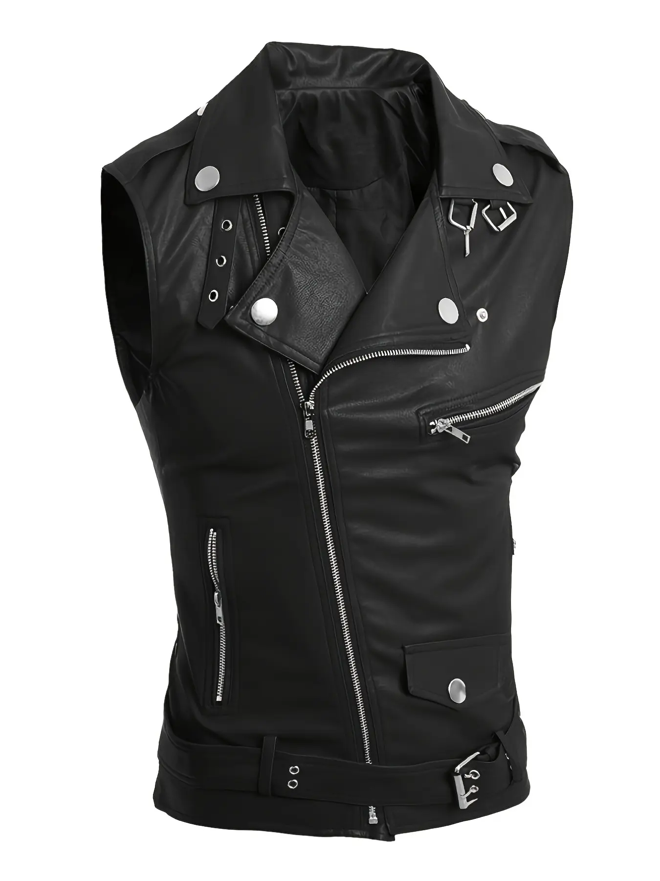Men's Multi-Zip PU Leather Vest, Tie-Strap Design, Lapel Neckline, Casual Streetwear Motorcycle Short Sleeve Jacket, No-Sleeve Outerwear