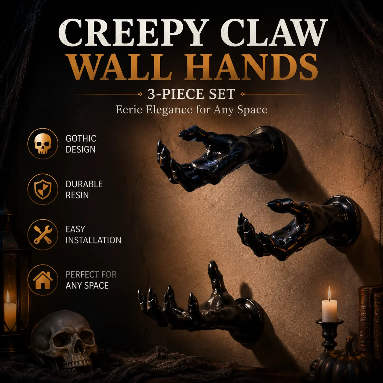 Halloween Decorations, Pack of 3 Wall Mounted Creepy Reaching Hands with Lighted Candles, Life-Sized Horror Hands for Gothic Wall Decorations, Scary Halloween Decorations Indoor,Easterhalloween ,haunted,witch,ghost, skeleton,spooky,jack-YY2