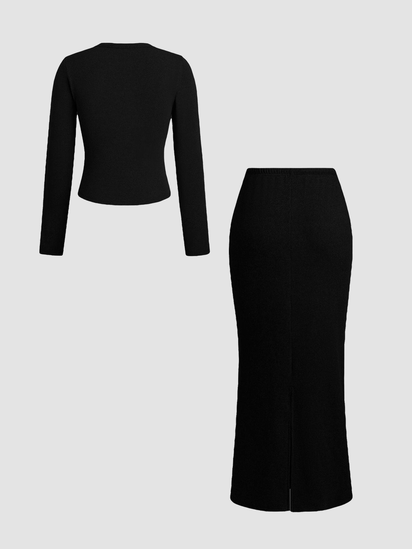 Women's Slim-Fit Long Sleeve Knitted T-Shirt Set Outfit, Clothes, Button, Elegant A-Line Skirt, Spring & Fall Fashion, Basic Style, Moderate Fabric, Womenswear wardrobe staple flattering timeless going out Women's Slim-Fit Long Sleeve Knitted T-Shirt Set Outfit, Clothes, Button, Elegant A-Line Skirt, Spring & Fall Fashion, Basic Style, Moderate Fabric, Womenswear wardrobe staple flattering timeless going out