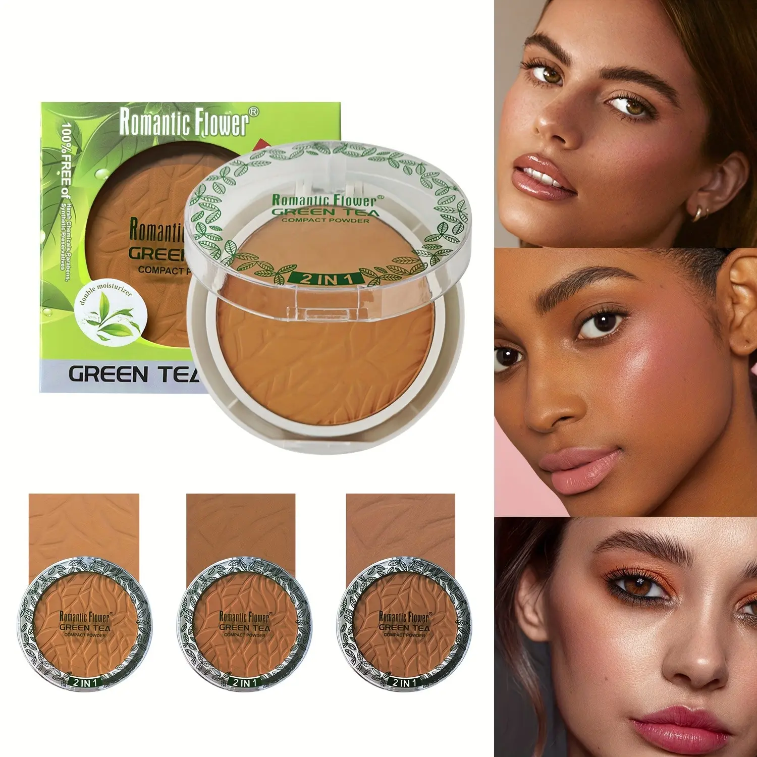 3 Shades Green Tea Compact Powder, Face Makeup Natural Long-Lasting Waterproof Full Coverage Matte Oil-Control, Fine Powder, with Puff