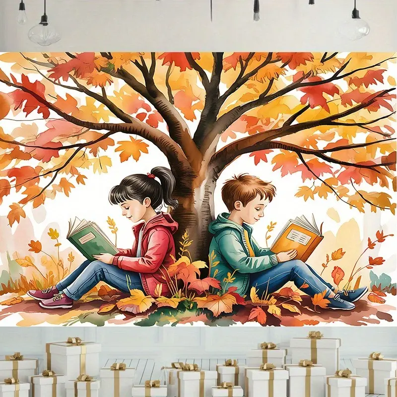 Premium Polyester Autumn Reading Tapestry Wall Hanging - Nature, Tree & Book Themed Backdrop, Lightweight Printed Home Decor, Gift for Birthday & Holiday Events, Photography Background