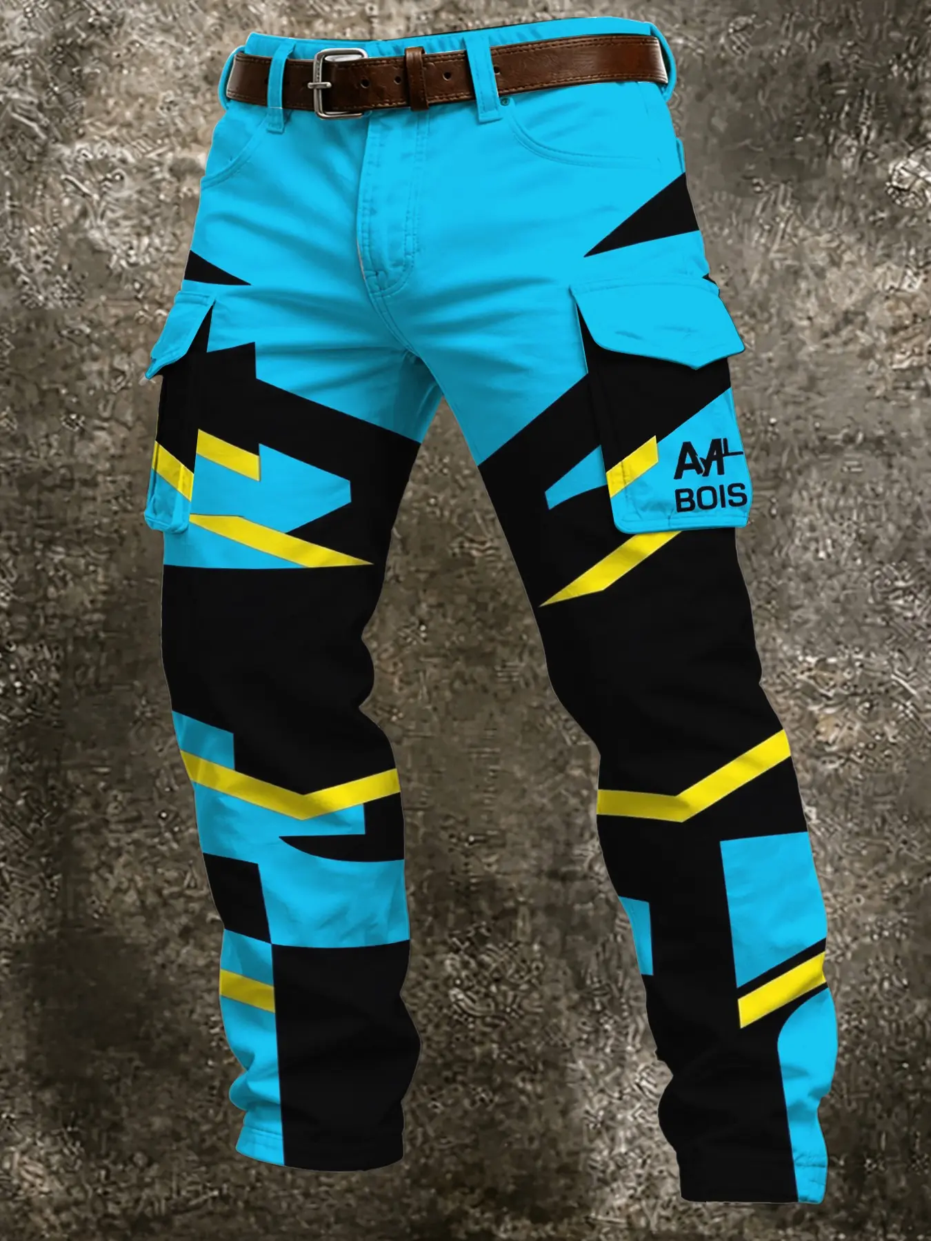 Cyberpunk Style Colorblock Cargo Pants for Men, Cool Blue Geometric Pattern, High Street Functional Ankle-Length Trousers