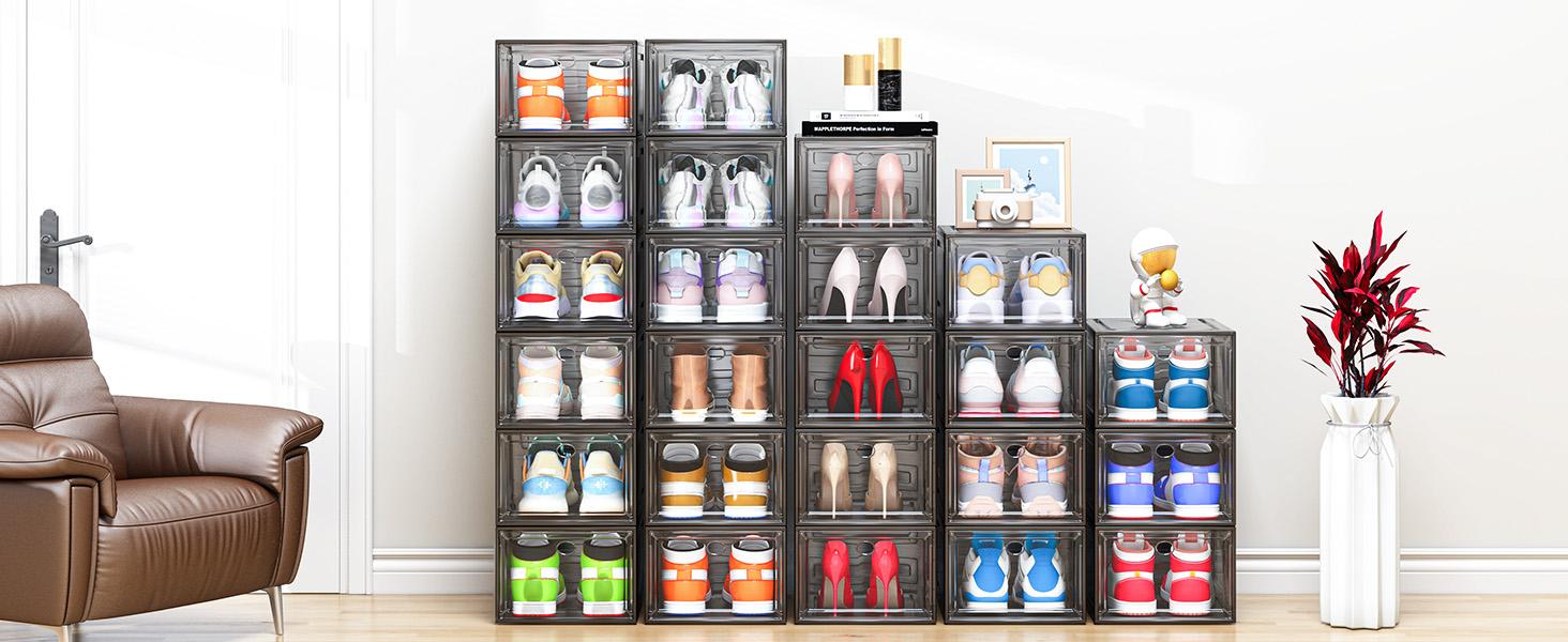 7 code Thicken & Sturdy Clear Shoe Storage Organizer with Magnetic Door, Stackable Boxes for Closet, Foldable Shoe Rack for Sneaker Boot Container, Plastic Shoe Cabinet Shoe Box 6 Pack, Black