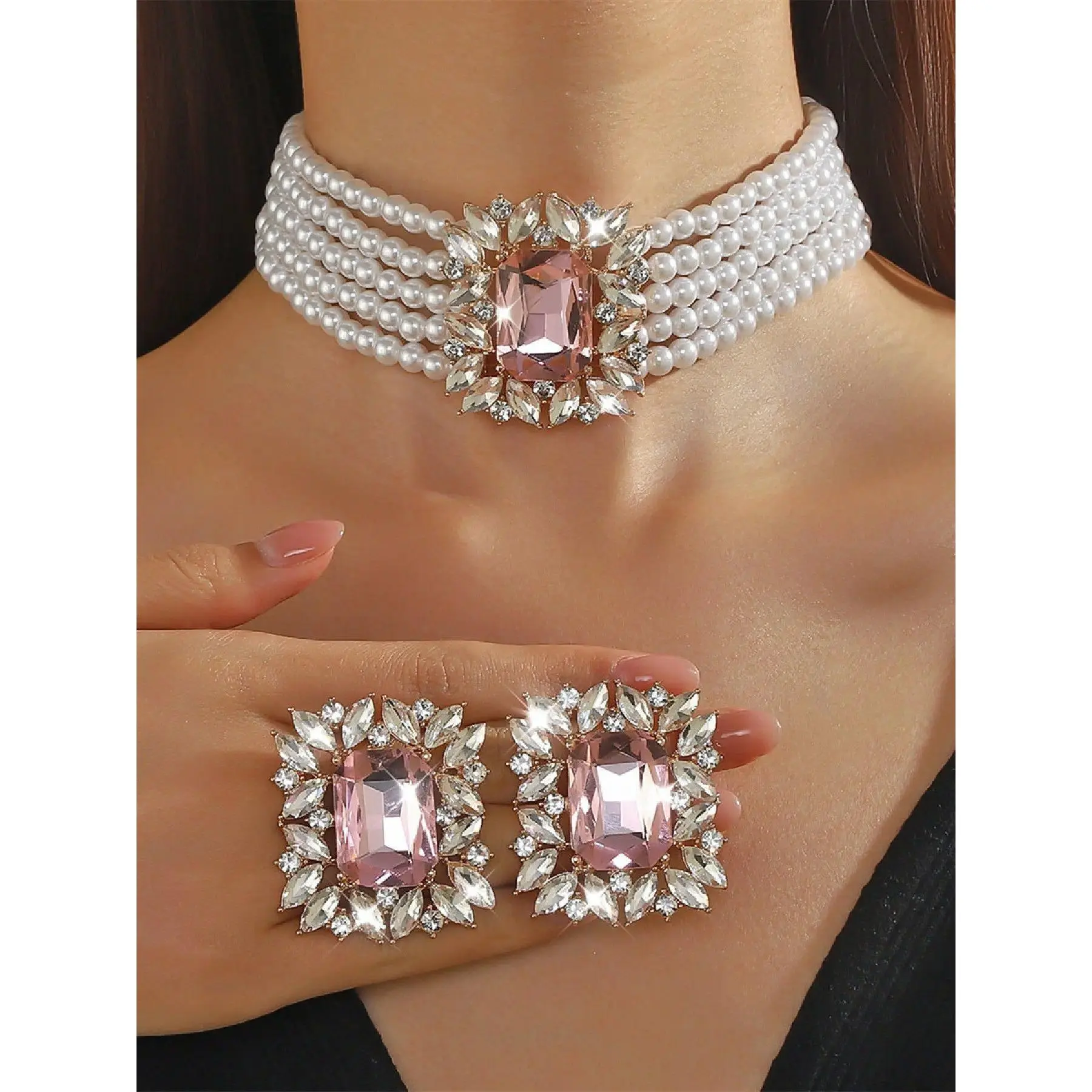 Women's Luxurious Multi-Layer Pearl Choker Necklace & Pink Crystal Earrings Jewelry Set - Copper Chain, Crafted with Copper Chain, Ideal for Parties, Weddings, Female, Festivals, Layered Pearls, Adults, Party‑Perfect Look
