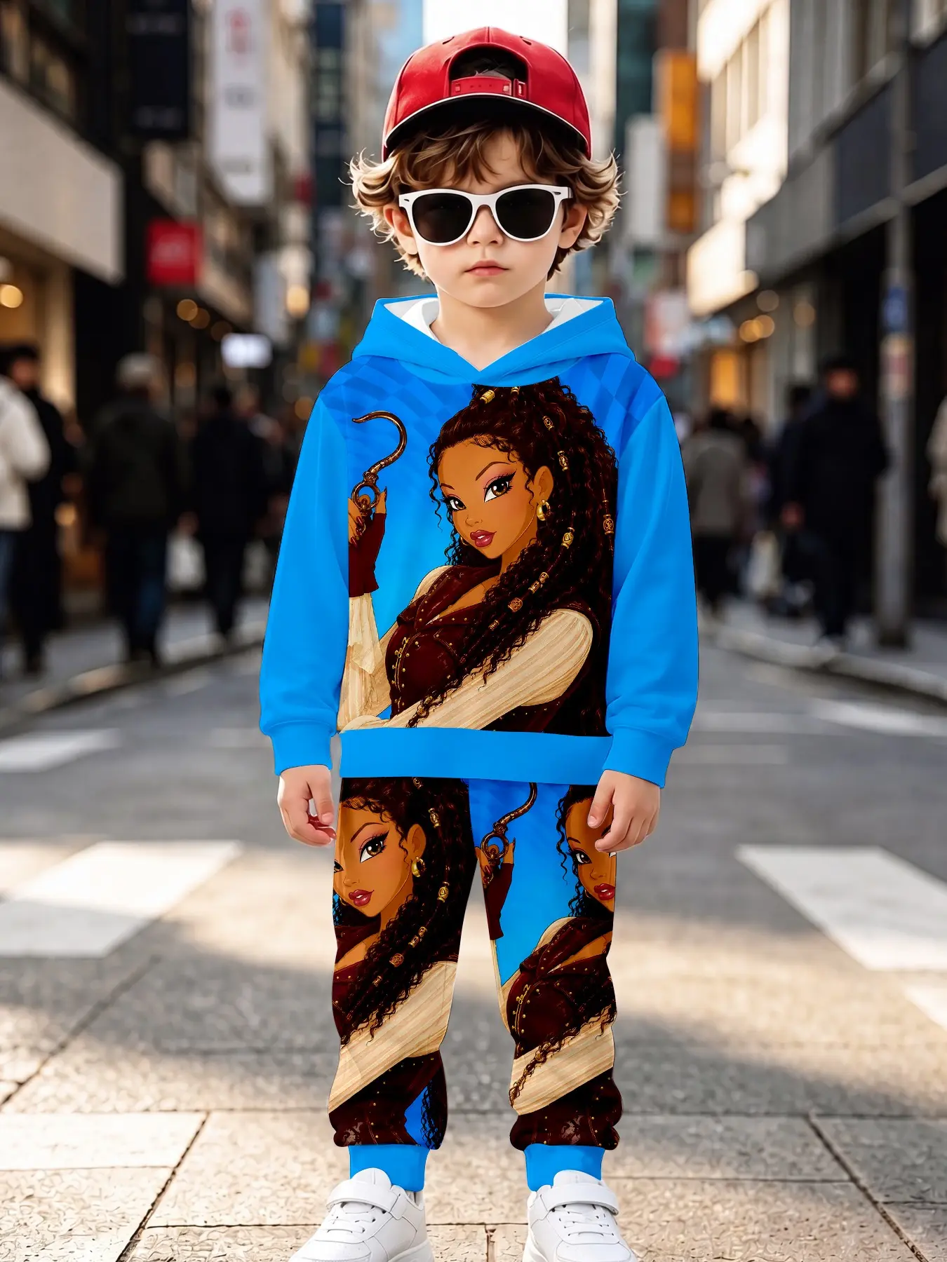 Blue Cartoon 3D Full Print Kids Hoodie Set, Long Sleeve Loose-Fit Sweatpants, Casual Fall & Winter, All over Print Design