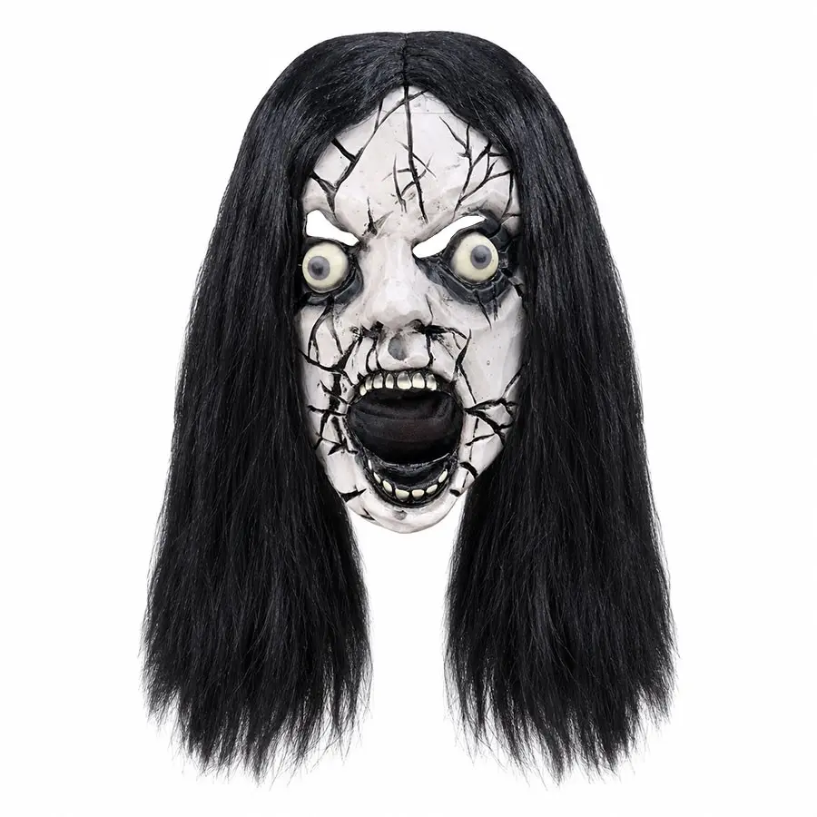 Horror Halloween Ghost Mask, Long Hair Face Crack Full Head Latex Horror Mask, Suitable for Haunted House, Party, Role Play, Escape Room
