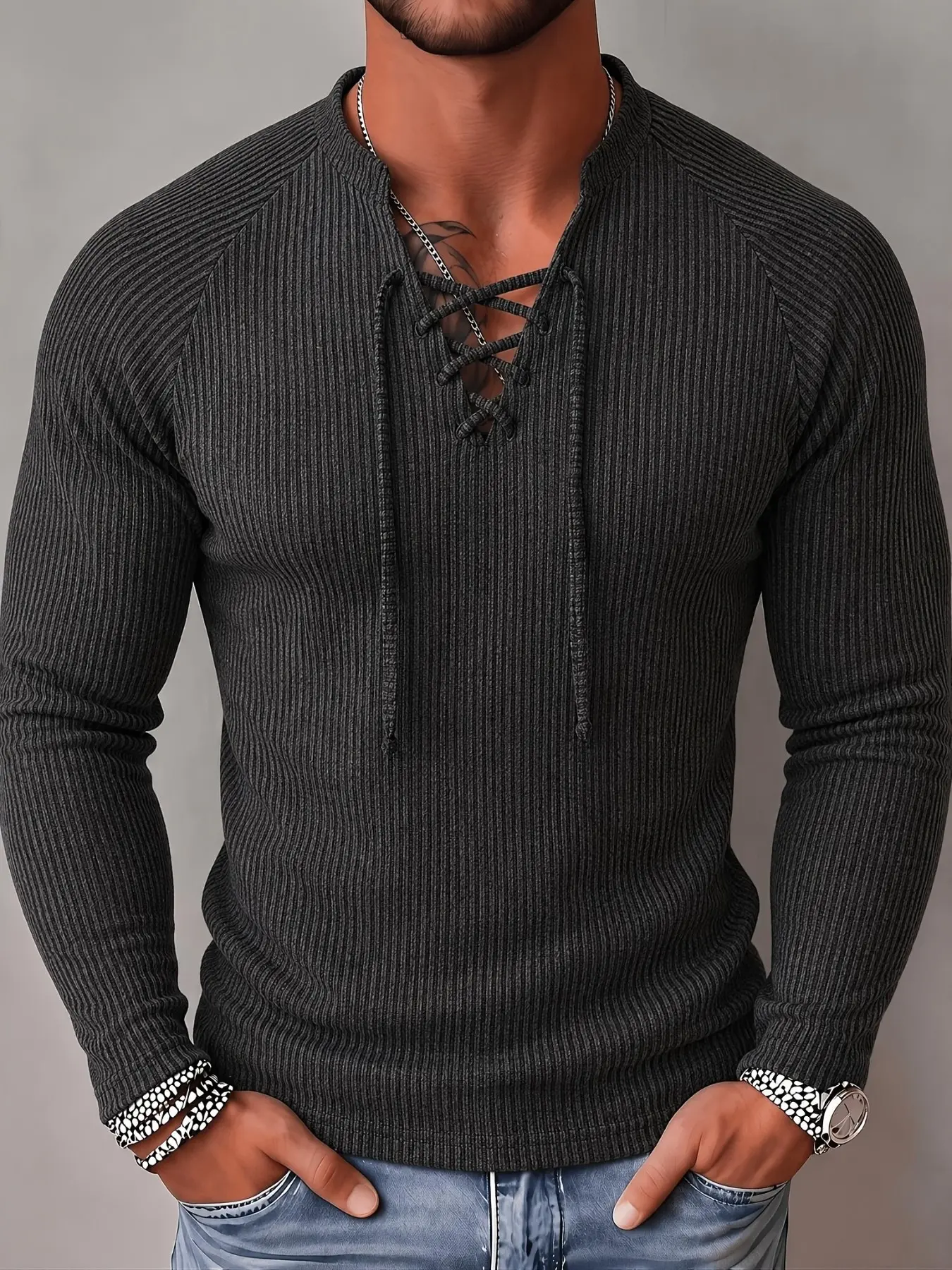 Men's Long Sleeve Drawstring V-Neck Knit Sweater, American Vintage Style, Slim-Fitting, Casual Fall & Winter Top, Unlined, Batch 20240930