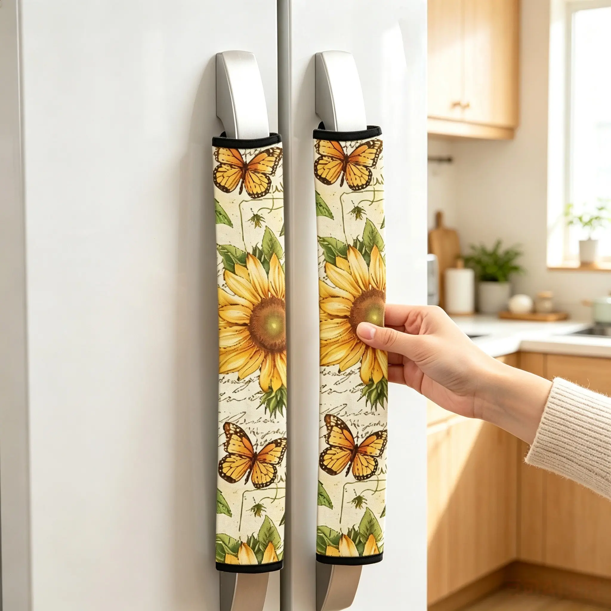 2pcs Vintage Sunflower & Butterfly Microwave Refrigerator Handle Covers, Kitchen Decor, Dirt-Proof, Dustproof Cover, Fits Fridges, Microwaves, Ovens, Dishwashers