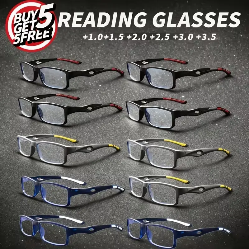 10 Pairs Men's Sports Square Reading Glasses, Flexible Lightweight Anti-Slip Temples, Blue Light Protection, Multiple Colors, 1.00-4.00 Diopters