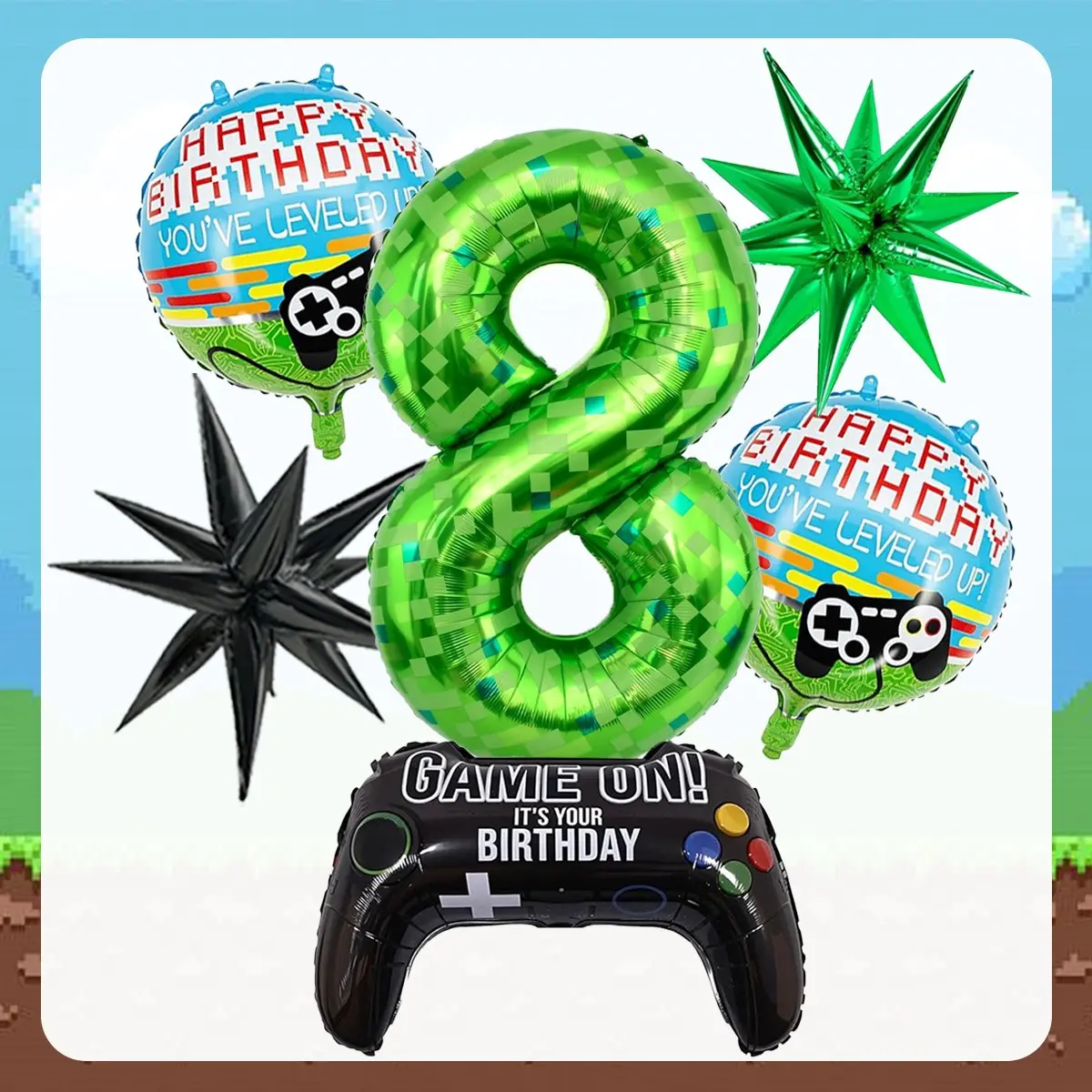 Game Theme Birthday Balloon Set, 40 Inch Mosaic Number Balloons with Game Controller, Perfect for Boy's Birthday Party, Pixel Party Supplies