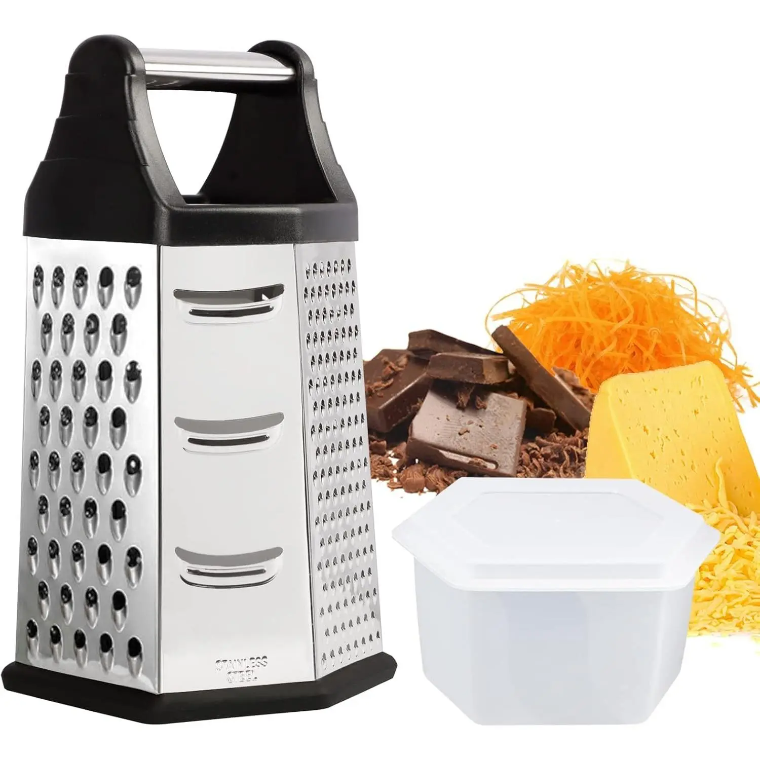 Box Grater, Cheese Grater Shredder Stainless Steel with 6 Sides, Best for Parmesan Cheese, Vegetables, Potatoes, Carrot, Ginger, Mandoline Vegetable Slicer with Detachable Container, Silver