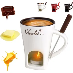 Sweet Fondue Cup for Date Night and More, Chocolate Fondue Mug with Fork, Personal Chocolate Melting Cup for Cheese, Ceramic Chocolate Melting Cup For Birthday Wedding Gifts (White)