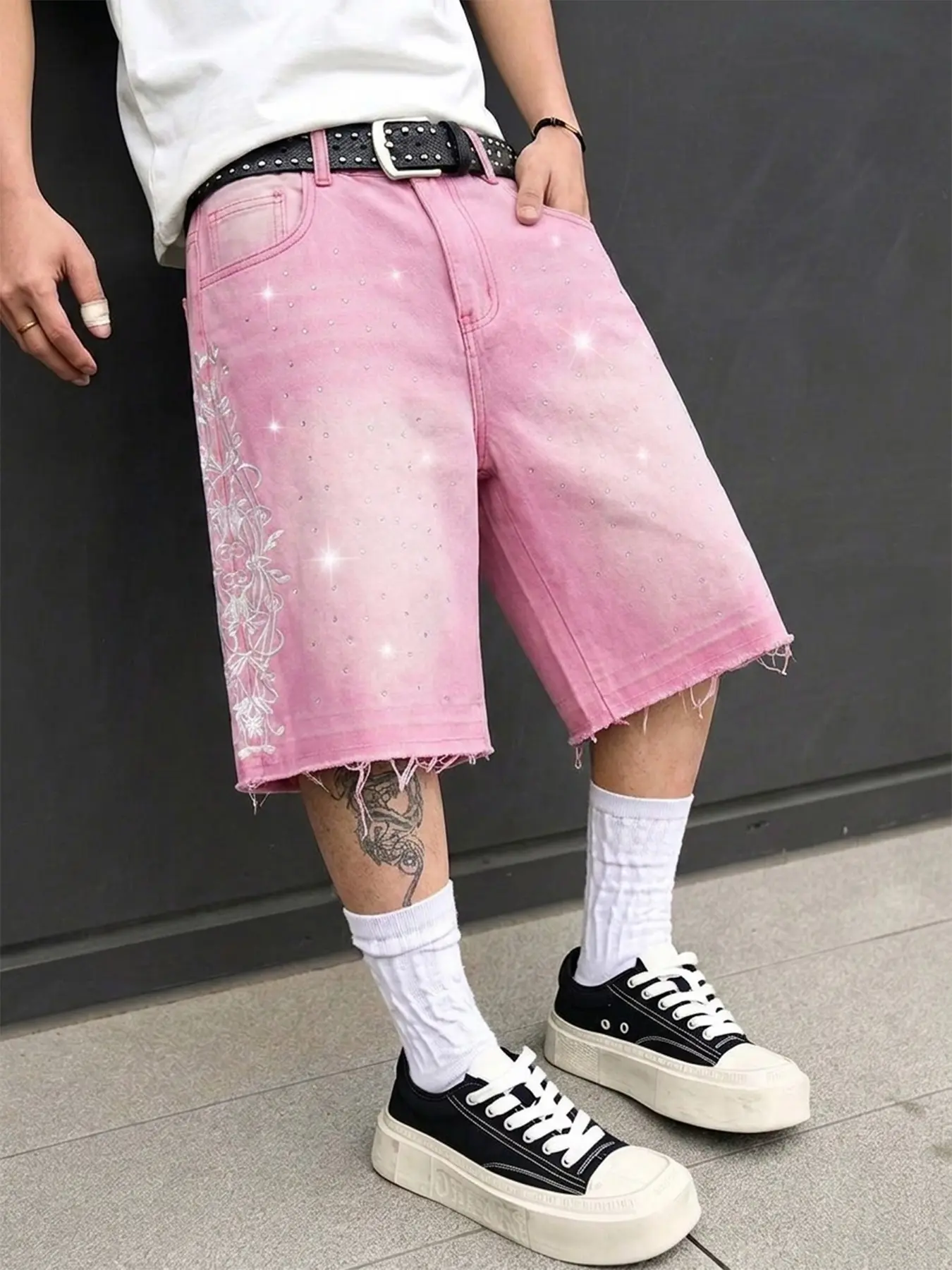 Men's Casual Sweet Cool Fashion Gradient Rhinestone Detail Oversized Jeans Shorts, Loose Straight Leg Five-Quarter Pants, Daily Streetwear Slimming Fit