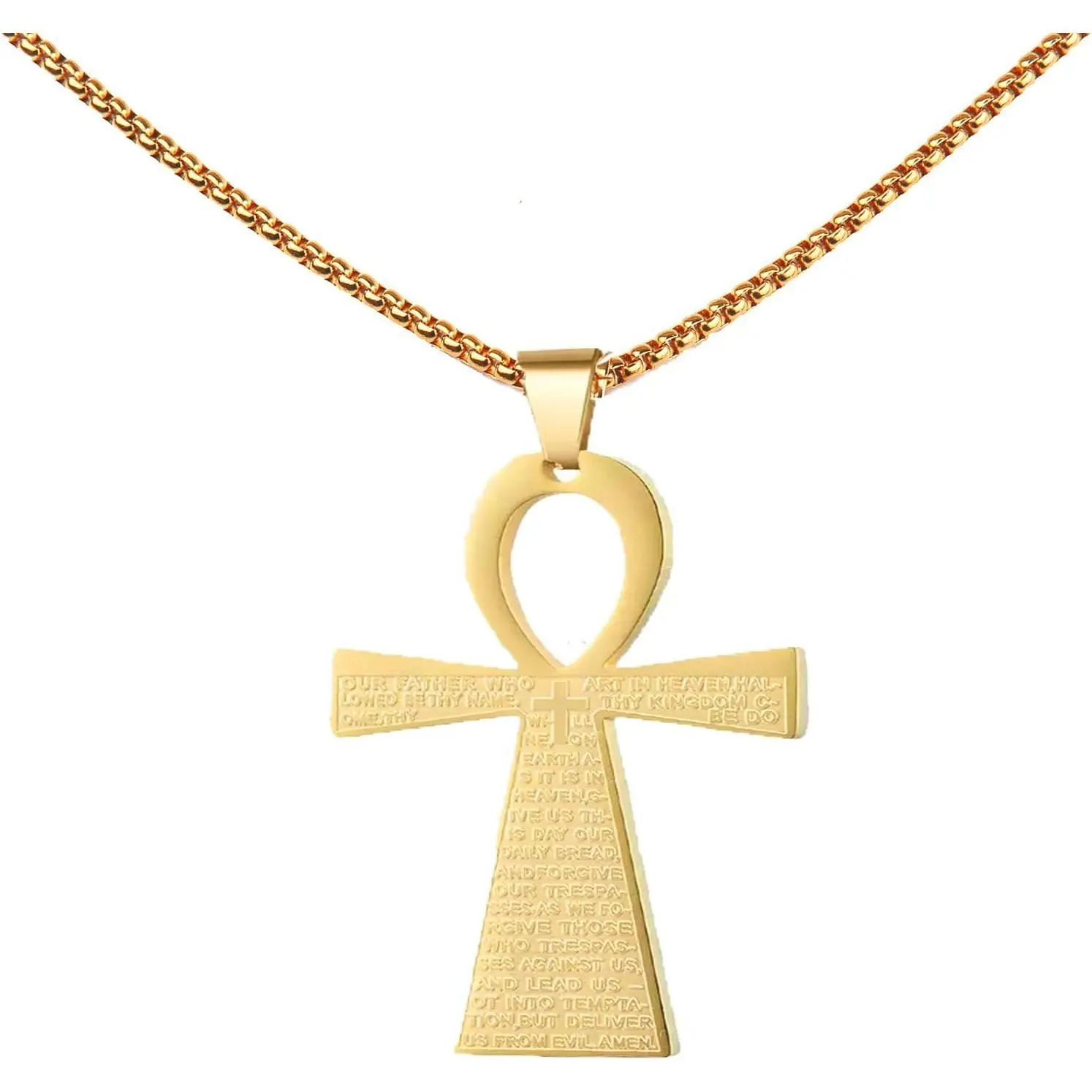 Coptic Ankh Cross Religious Necklace for Men Women, 18K Gold Plated 316L Stainless Steel，With 27.6 Chain.