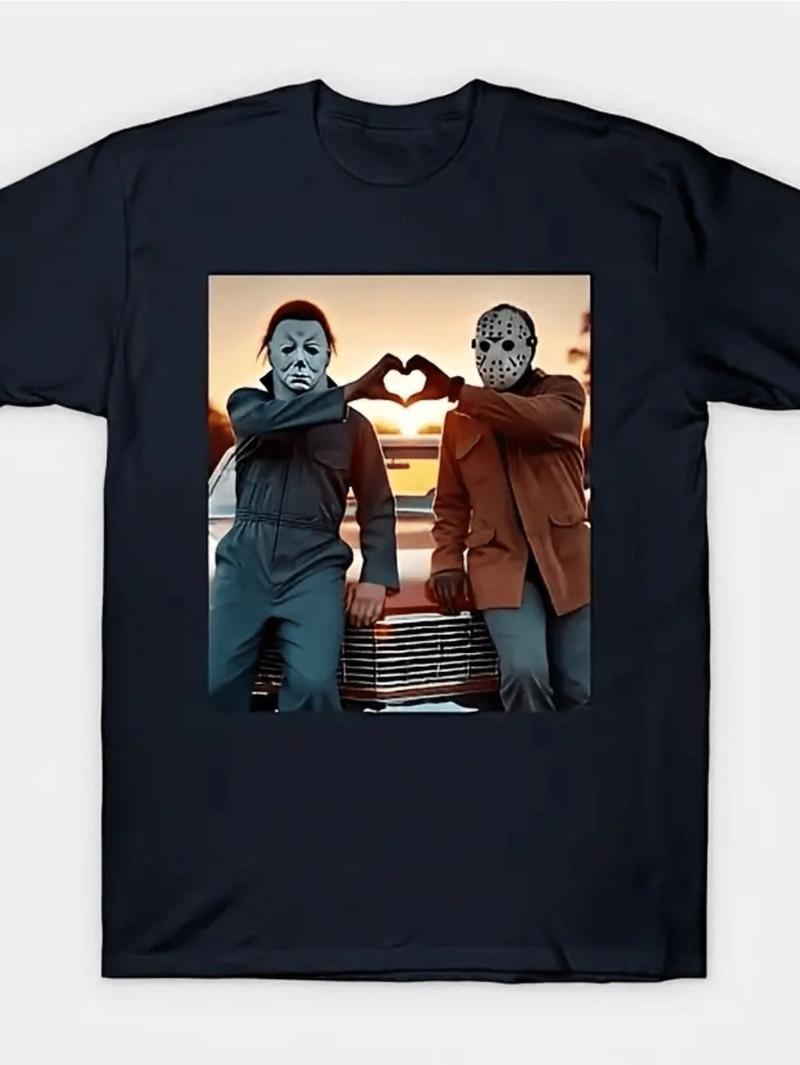 Iconic Michael Myers Jason Voorhees Heart Gesture Horror Movie Friendship Pattern Unisex T-Shirt Premium Soft Cotton Casual Crew Neck Short Sleeve Breathable Top for Halloween Valentine's Day Gift