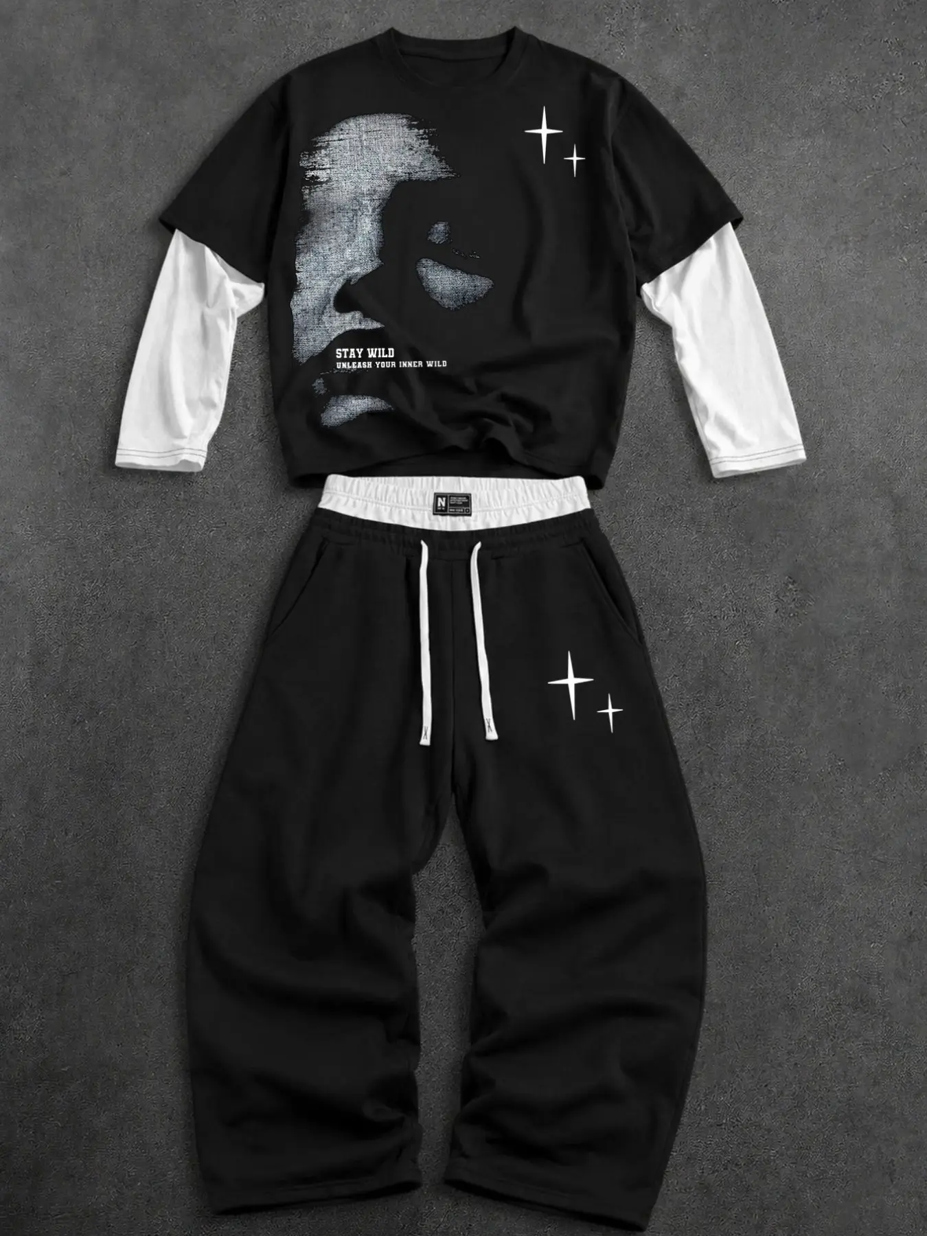 Men 2Pcs Outfit Set Vintage Distressed Portrait Print Fake Two Piece Long Sleeve T Shirt Contrast Waistband Drawstring Wide Leg Sweatpants Star Graphic Loose Streetwear Tracksuit Soft Breathable For Daily Hip Hop School Outdoor Casual Wear