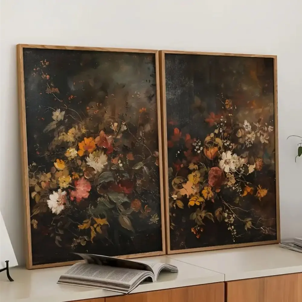 2pcs Frameless Canvas Posters, Vintage Dark Autumn Flower Art Print, Unique Botanic Fall Withering Beauty, Autumn Atmosphere Bedroom Living Room Aesthetic Decor