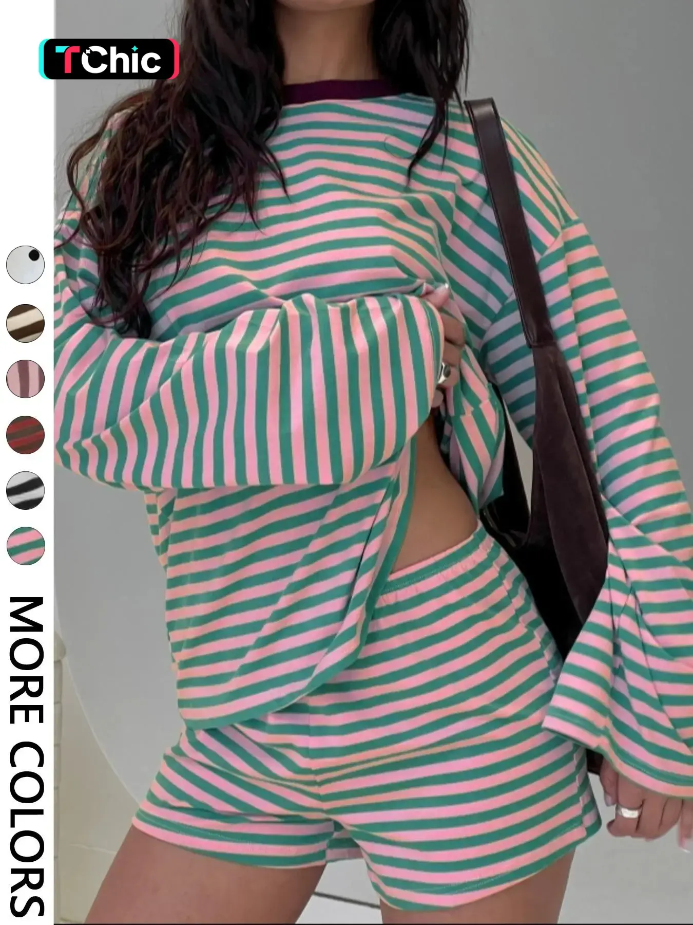 Women's Loose Long Sleeve Striped Top + Casual Striped Short Pants Summer Knit Set, All Seasons Fitted Regular Length