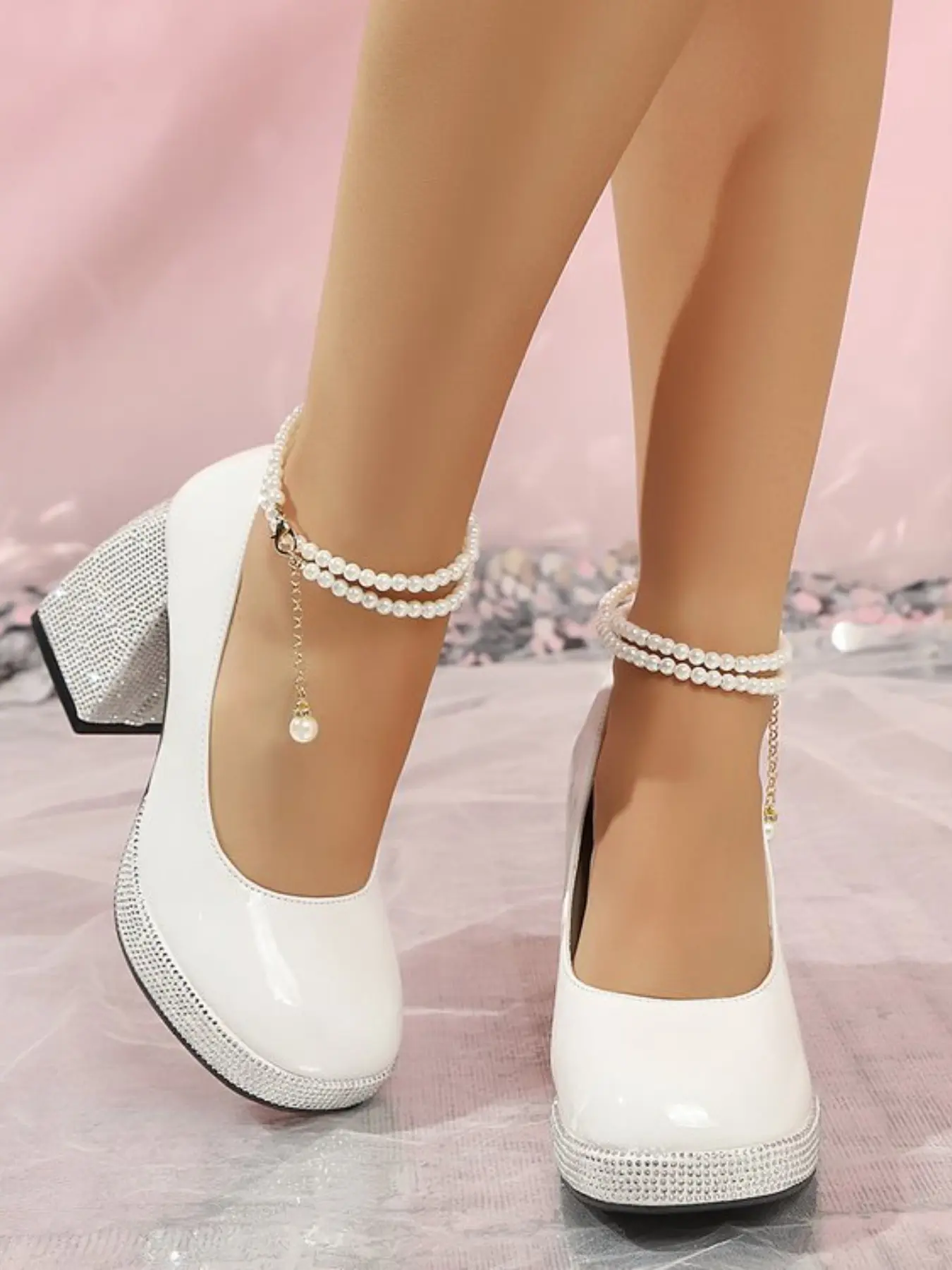Women's Fashion Elegant Glossy Leather Mary Jane Heels, Rhinestone Block Heel, Pearl Anklet, Bridal Wedding Shoes, Millennial Style