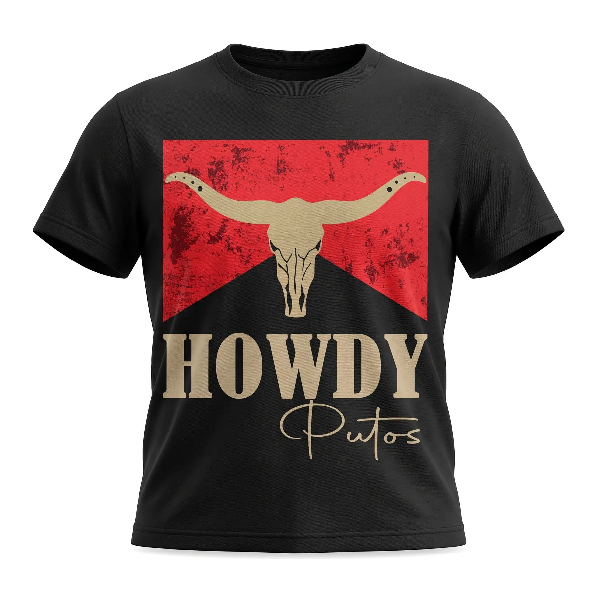 Black Oversized Heavyweight Graphic T Shirt, Howdy Putos Longhorn Bull Skull Distressed Red Print, Vintage Western Cowboy Streetwear, Funny Spanish Slang Country Rodeo Tee, Casual Short Sleeve Top, Gift For Cowboy Cowgirl Fans