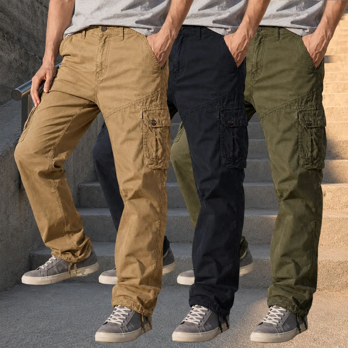 Men's Pure Cotton Cargo Trousers 3PCS - 100% Cotton, Multi-Pocket Straight Leg, Adjustable Hem, Durable Utility Workwear - All Seasons, Machine Wash, Solid Plain Casual Outdoor Bottoms