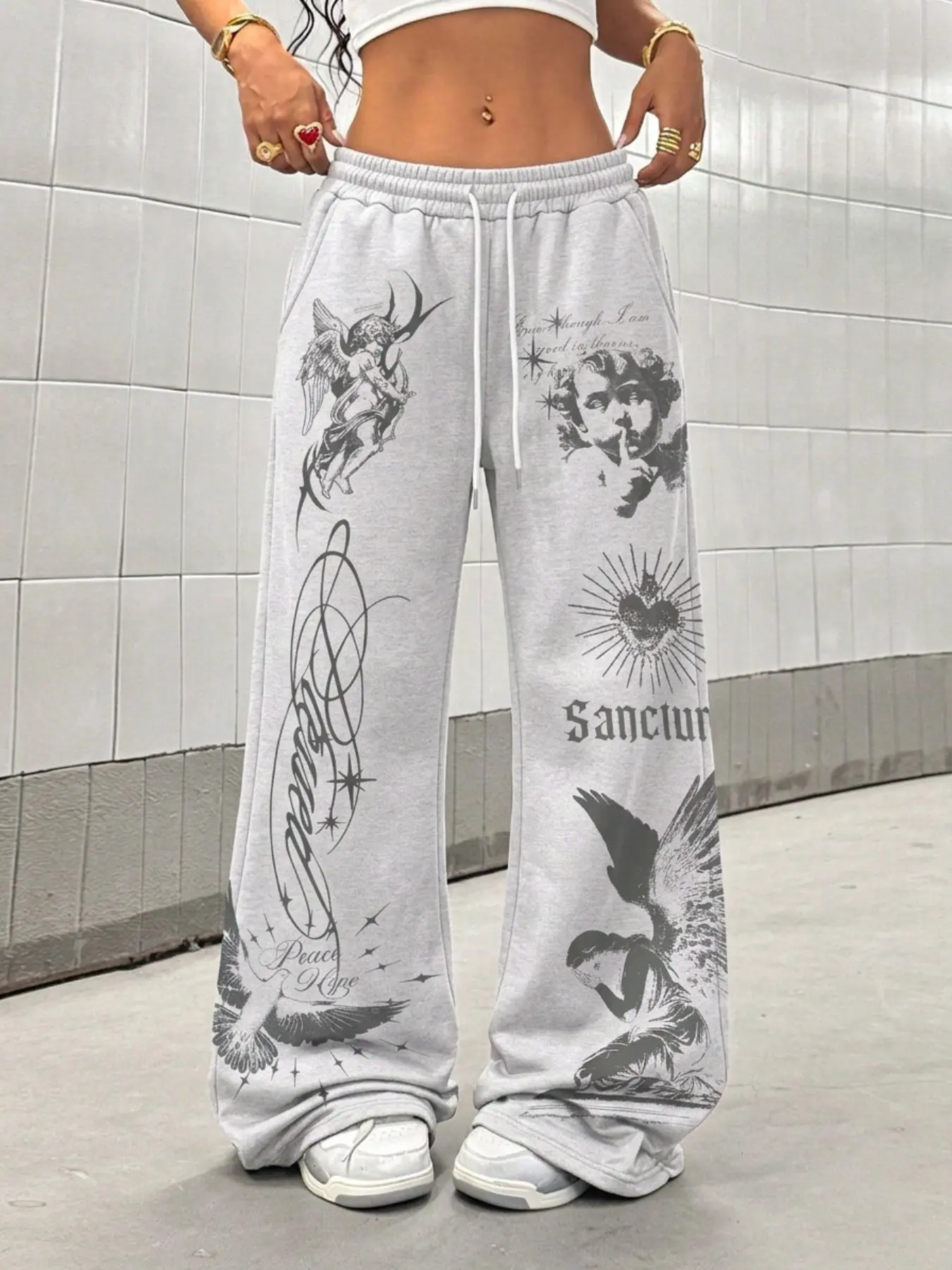 Women Y2K Gothic Angel Cupid Graphic Wide Leg Sweatpants Elastic High Waist Drawstring Loose Baggy Streetwear Trousers With Pockets For Daily Street Party Casual Wear