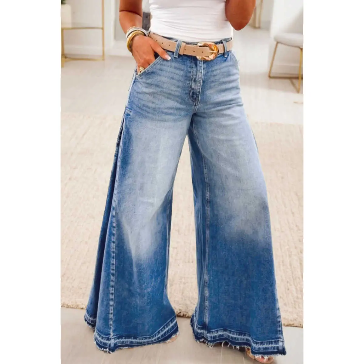 Women’s Side Seam Ruched Flare Leg Jeans, Full Length Denim Pants with Pockets, Casual Daily Wear
